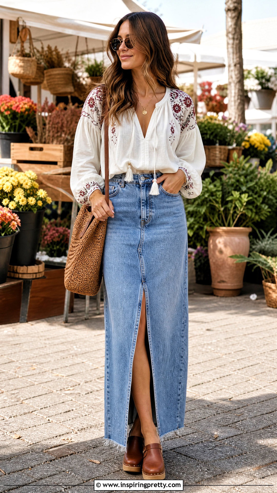 Peasant Blouse With Denim Maxi Skirt - 50 blouse tops outfit ideas
