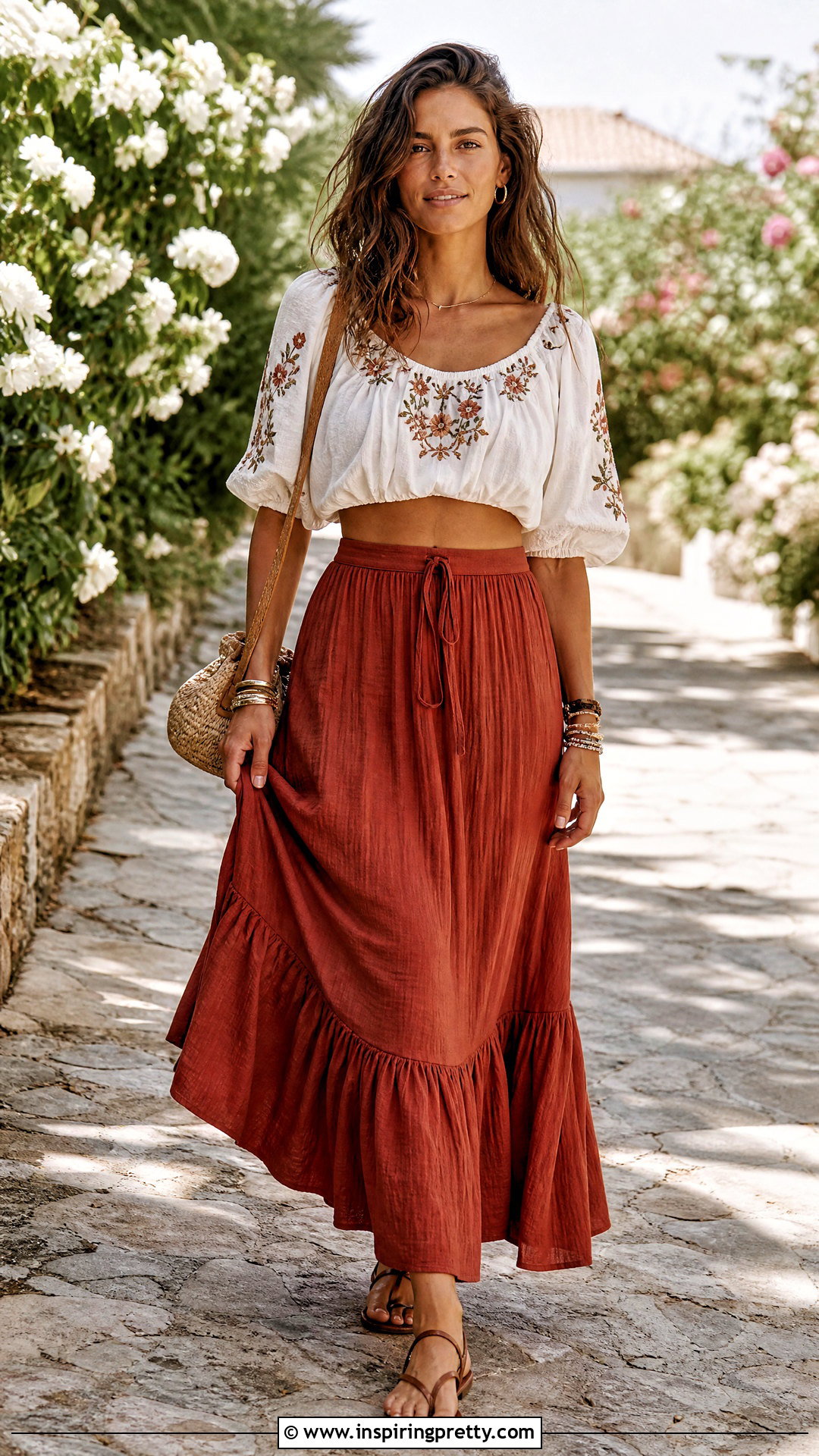 Peasant Crop Top With Maxi Skirt - 50 cool crop tops outfit ideas