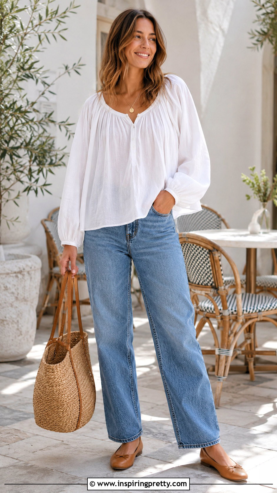 Peasant Long Sleeve Top With Relaxed Jeans - 20 comfy long sleeve tops outfit ideas