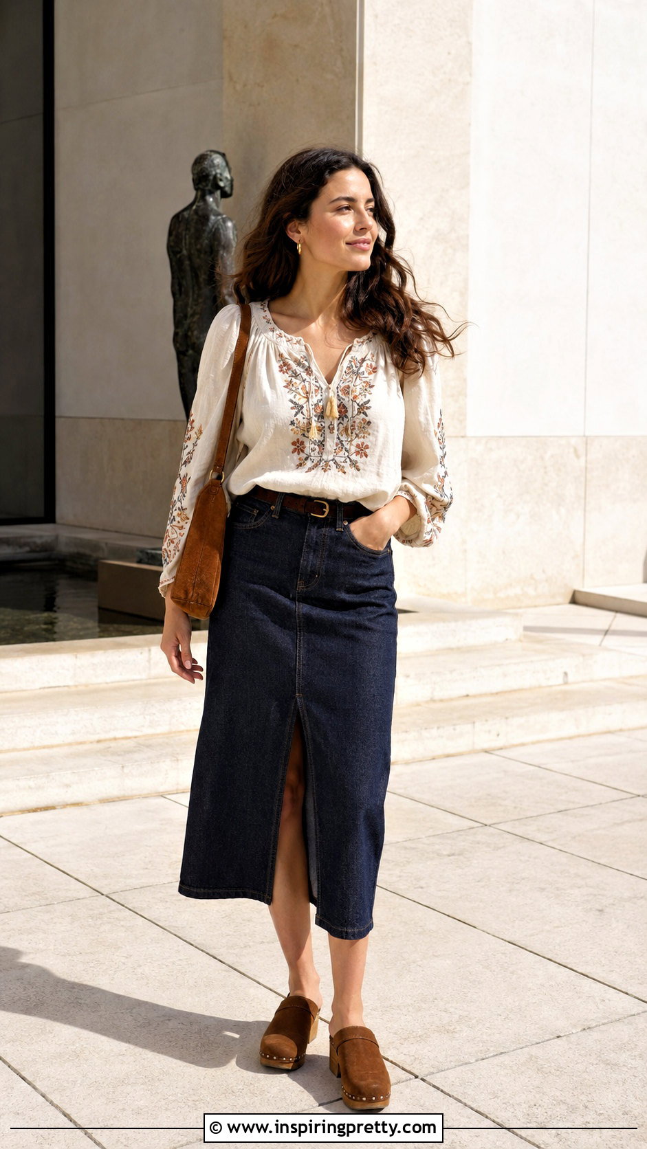 Peasant Top With Denim Midi Skirt - 50 modern tops outfit ideas