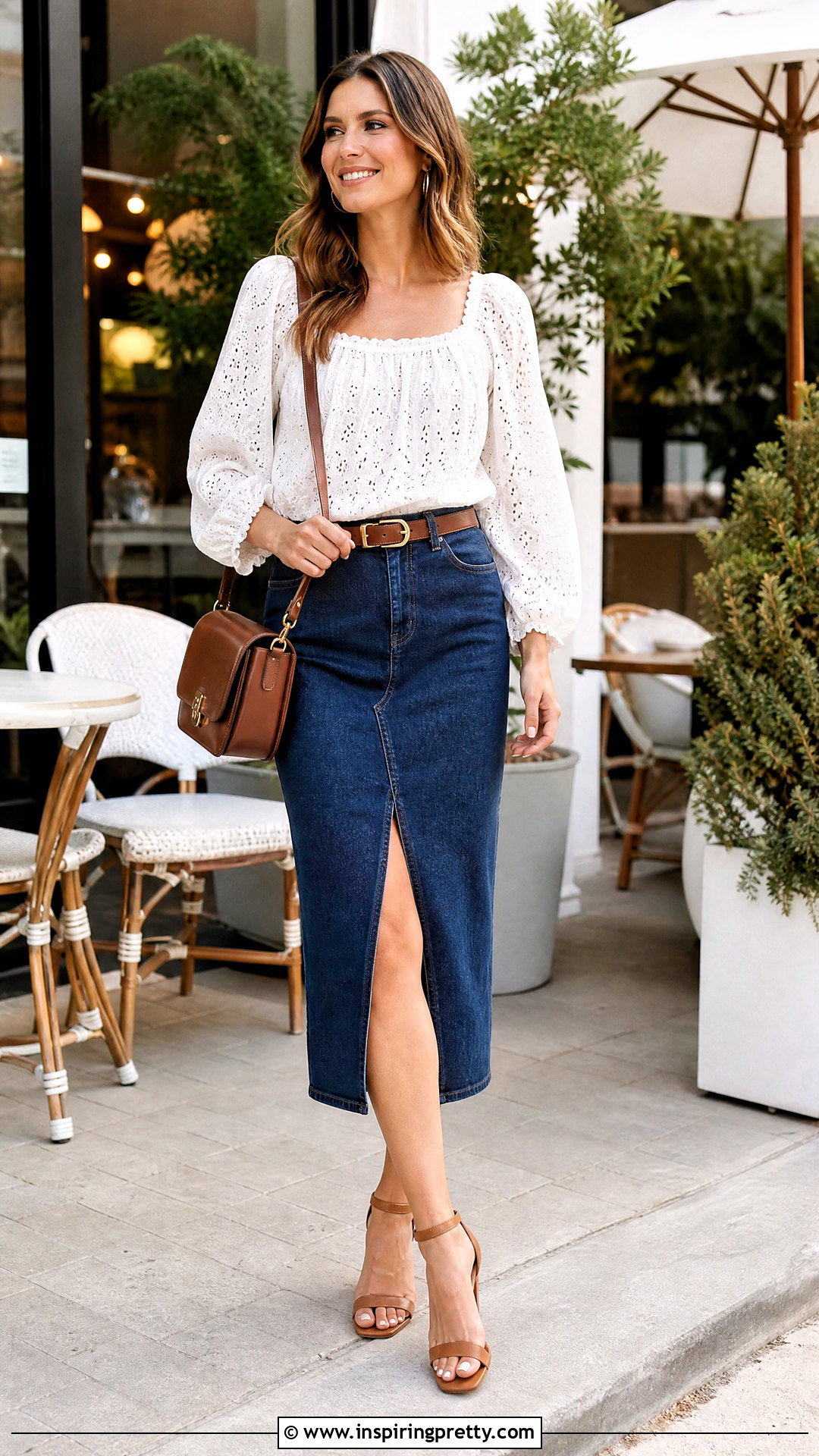 Peasant Top With Denim Midi Skirt - 50 peasant top outfit ideas