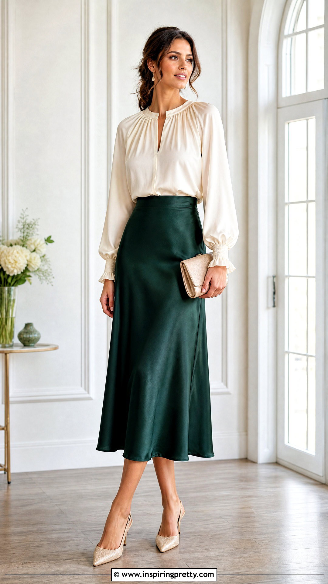 Peasant Top With Satin Midi Skirt - 50 peasant top outfit ideas