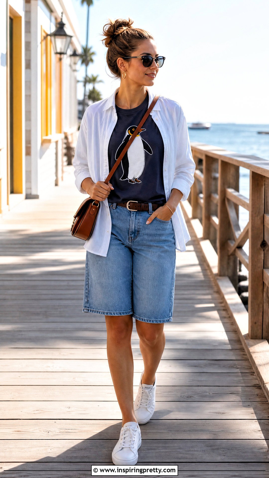Penguin Top With Long Denim Shorts - 25 penguin top outfit ideas