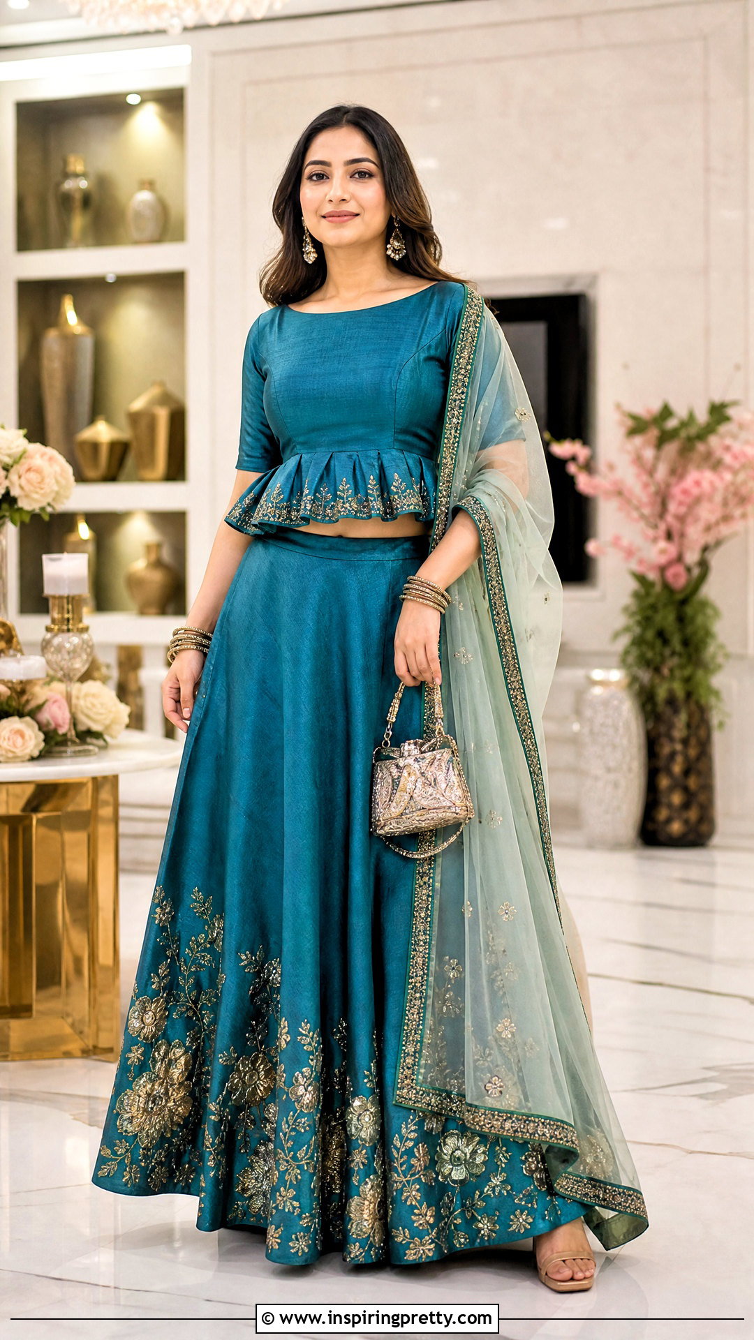 Peplum Boat Neck Crop Top Blouse With Lehenga Skirt - 20 Crop Top Blouse Designs Latest Boat Necks
