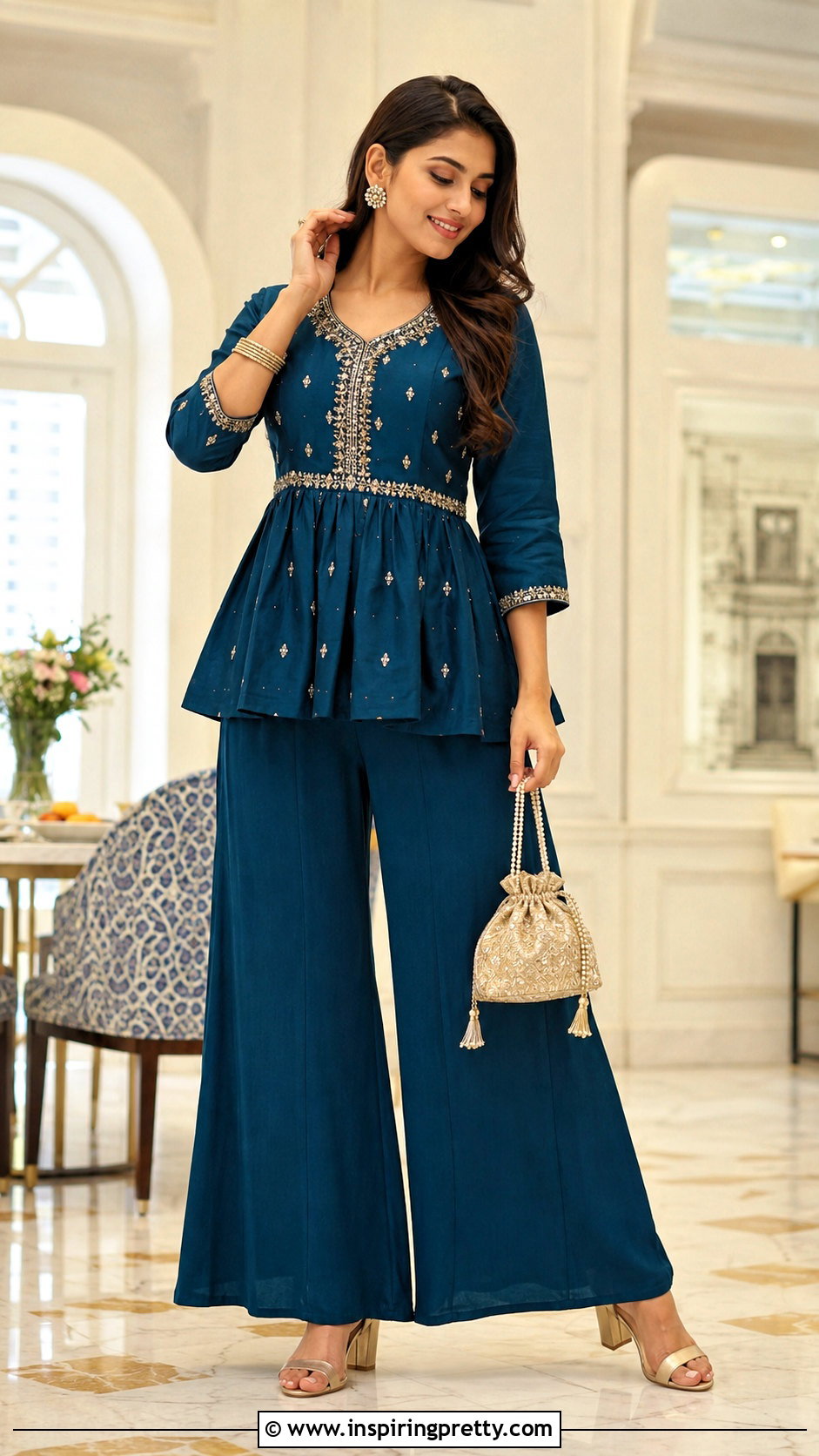 Peplum Kurti With Palazzo Pants - 50 kurti tops outfit ideas