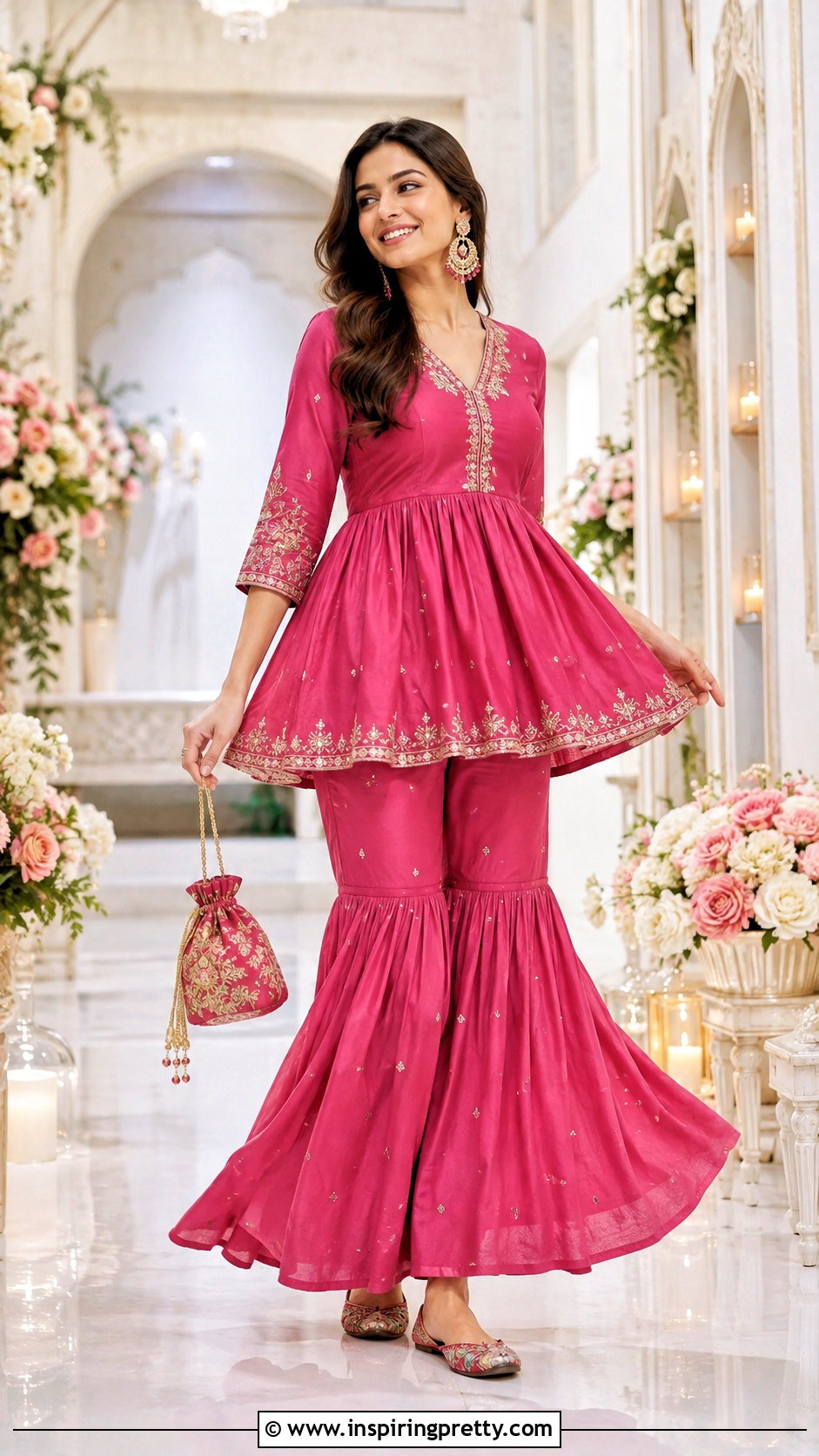 Peplum Short Kurti With Sharara Pants - 50 short kurti top outfit ideas