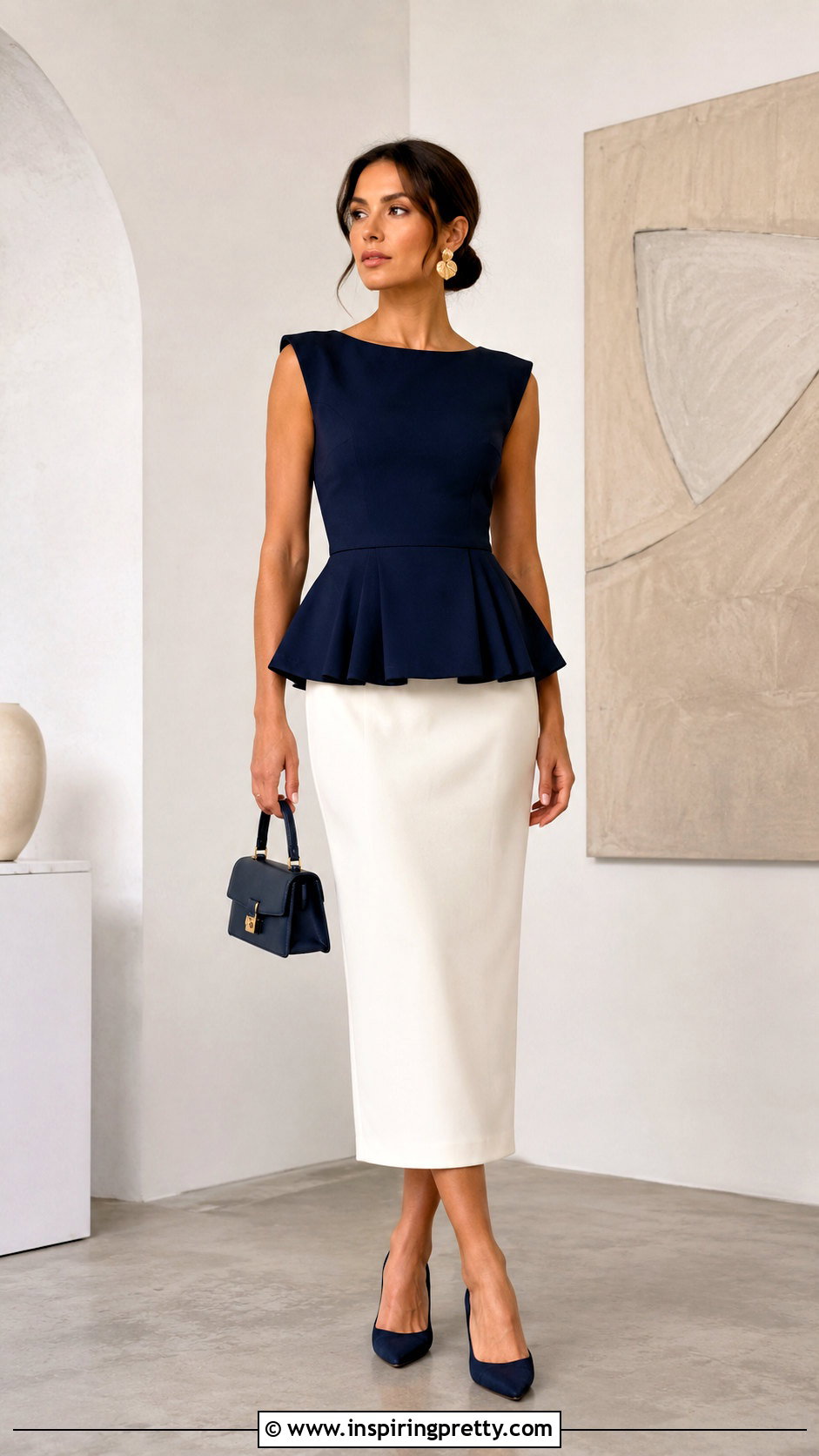 Peplum Top With Column Midi Skirt - 25 special occasion tops outfit ideas