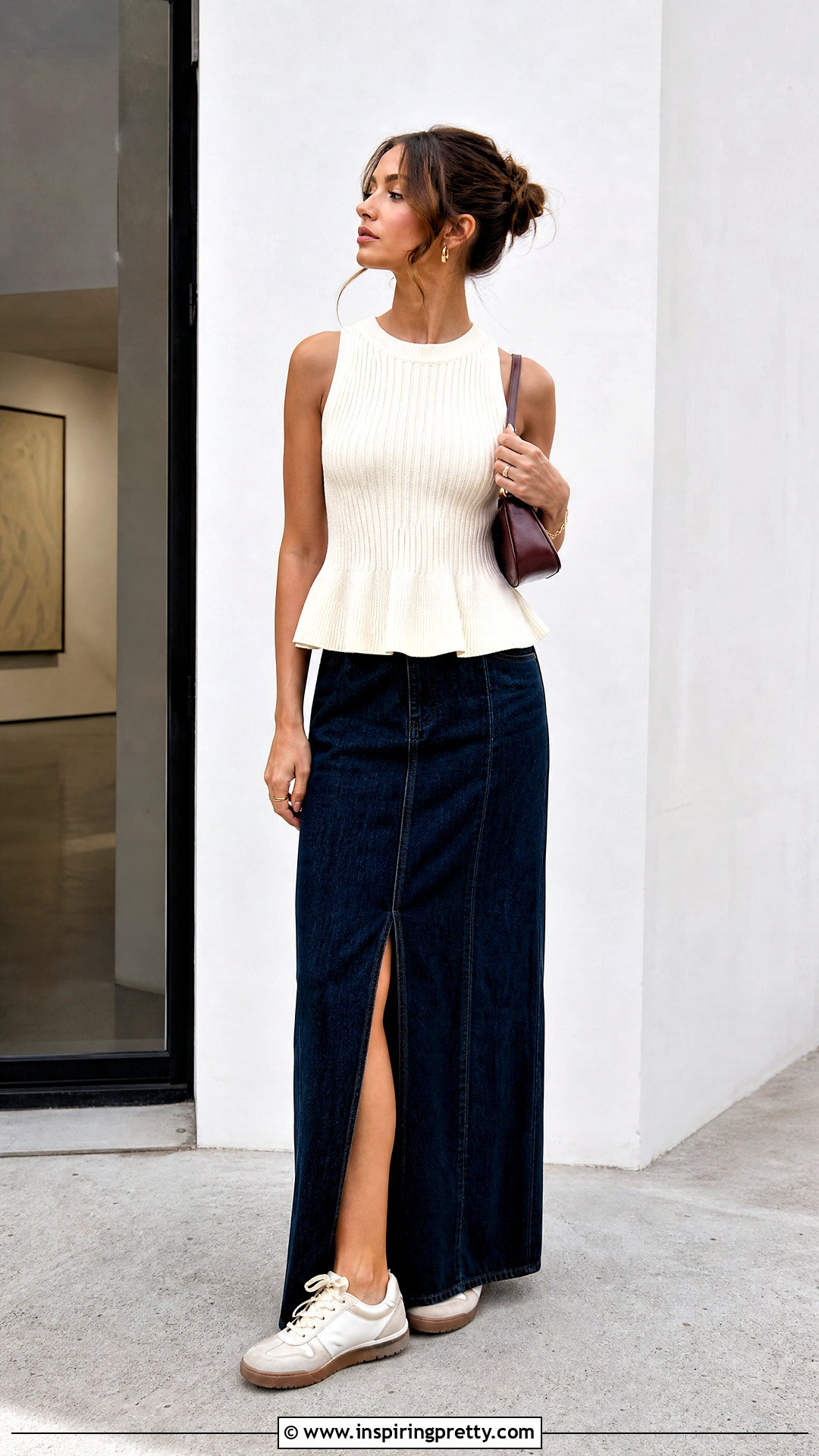 Peplum Top With Denim Maxi Skirt - 50 peplum top outfits casual ideas