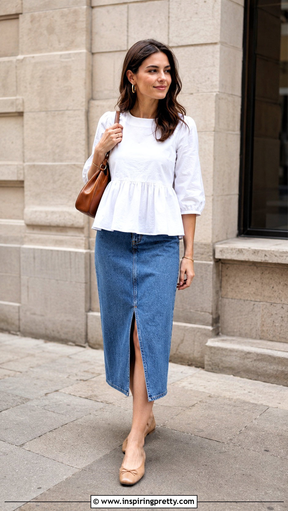 Peplum Top With Denim Midi Skirt - 20 peplum top outfit 2024 ideas