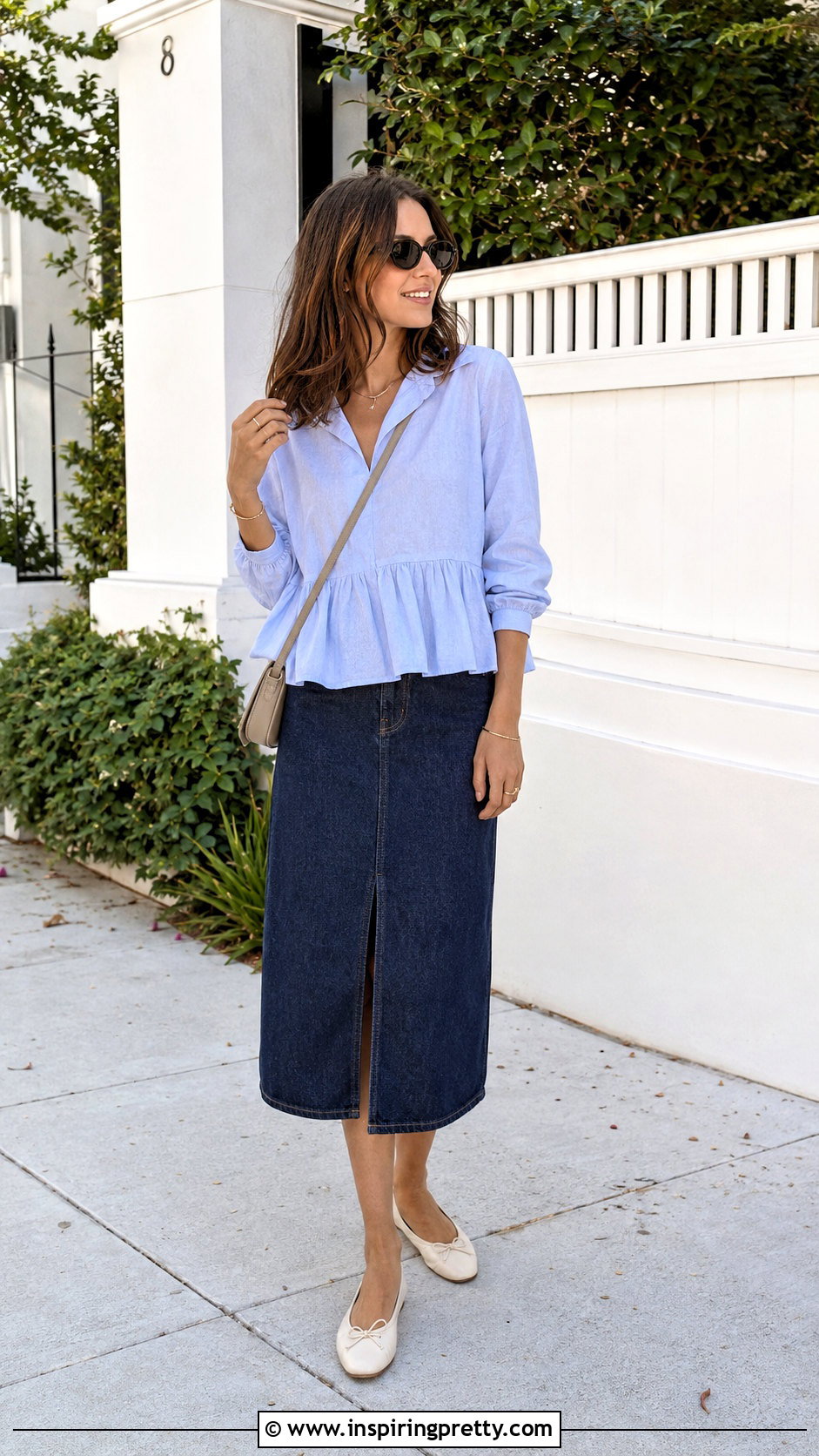 Peplum Top With Denim Midi Skirt - 20 Peplum Top Fashion Style outfit ideas