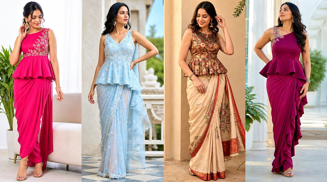 20 Peplum Top With Saree Outfit Ideas for Wedding Guests