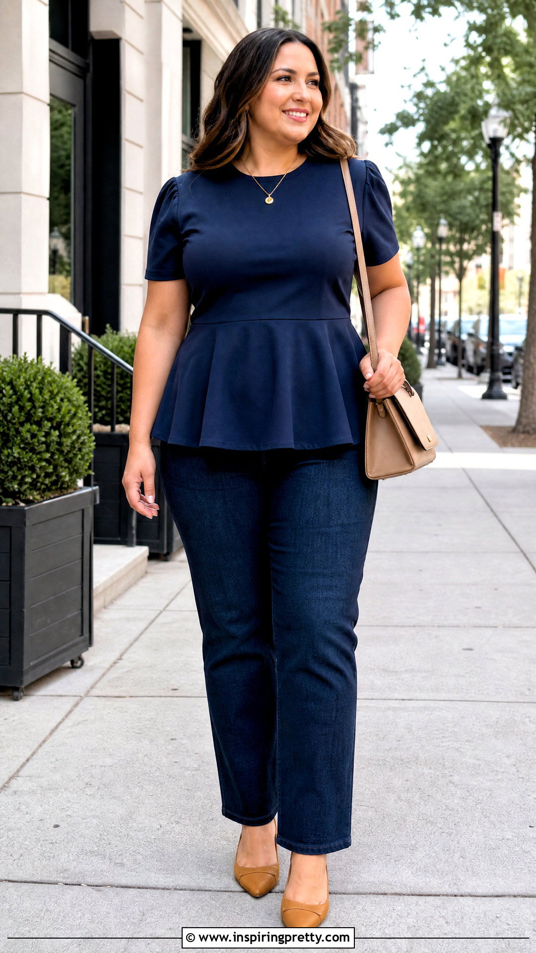 Peplum Top With Straight Leg Jeans - 25 Belly Hiding Tops outfit ideas
