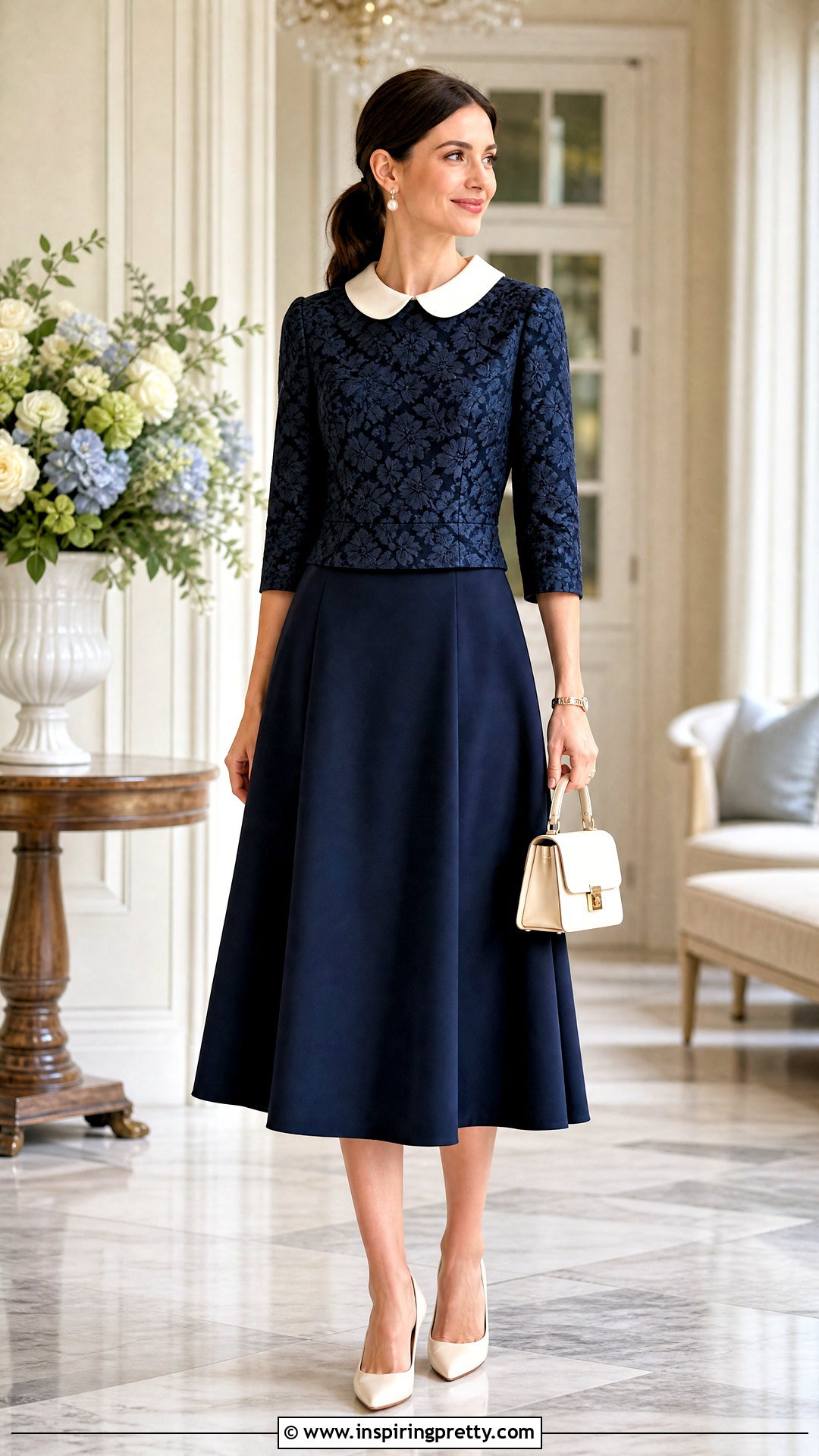 Peter Pan Collar Brocade Top With Midi Skirt - 50 brocade top designs
