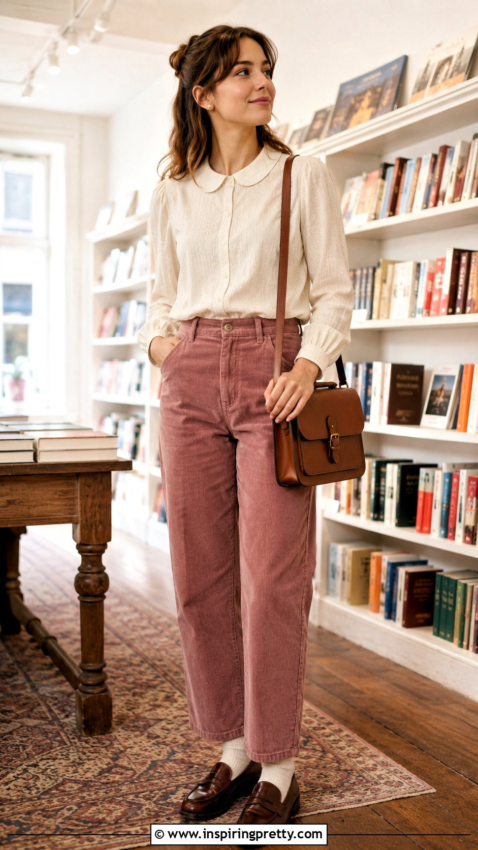 Peter Pan Collar Top With Corduroy Pants - 50 girly tops outfit ideas