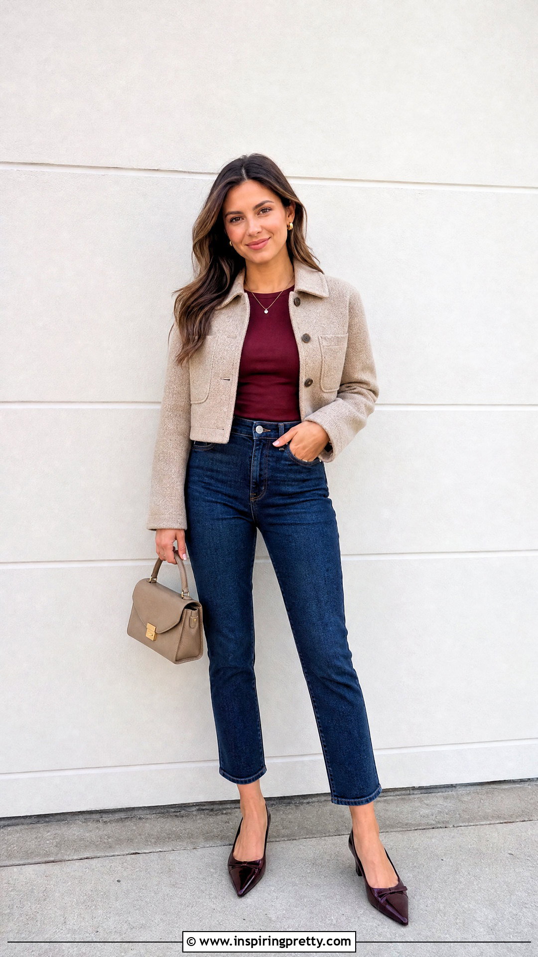 Petite Burgundy Cropped Top and Ankle Jeans - 50 burgundy top and jeans outfit ideas
