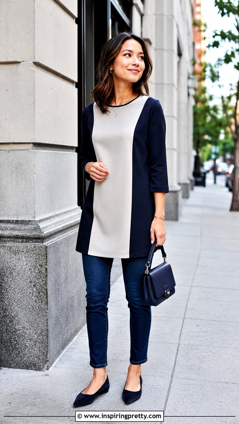 Petite Color Block Tunic Top With Dark Jeans - 20 petite tunic tops outfit ideas