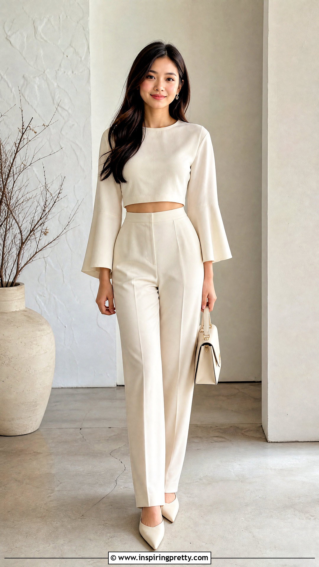 Petite Cropped Flared Sleeve Top With High Waisted Pants - 50 flared sleeves tops