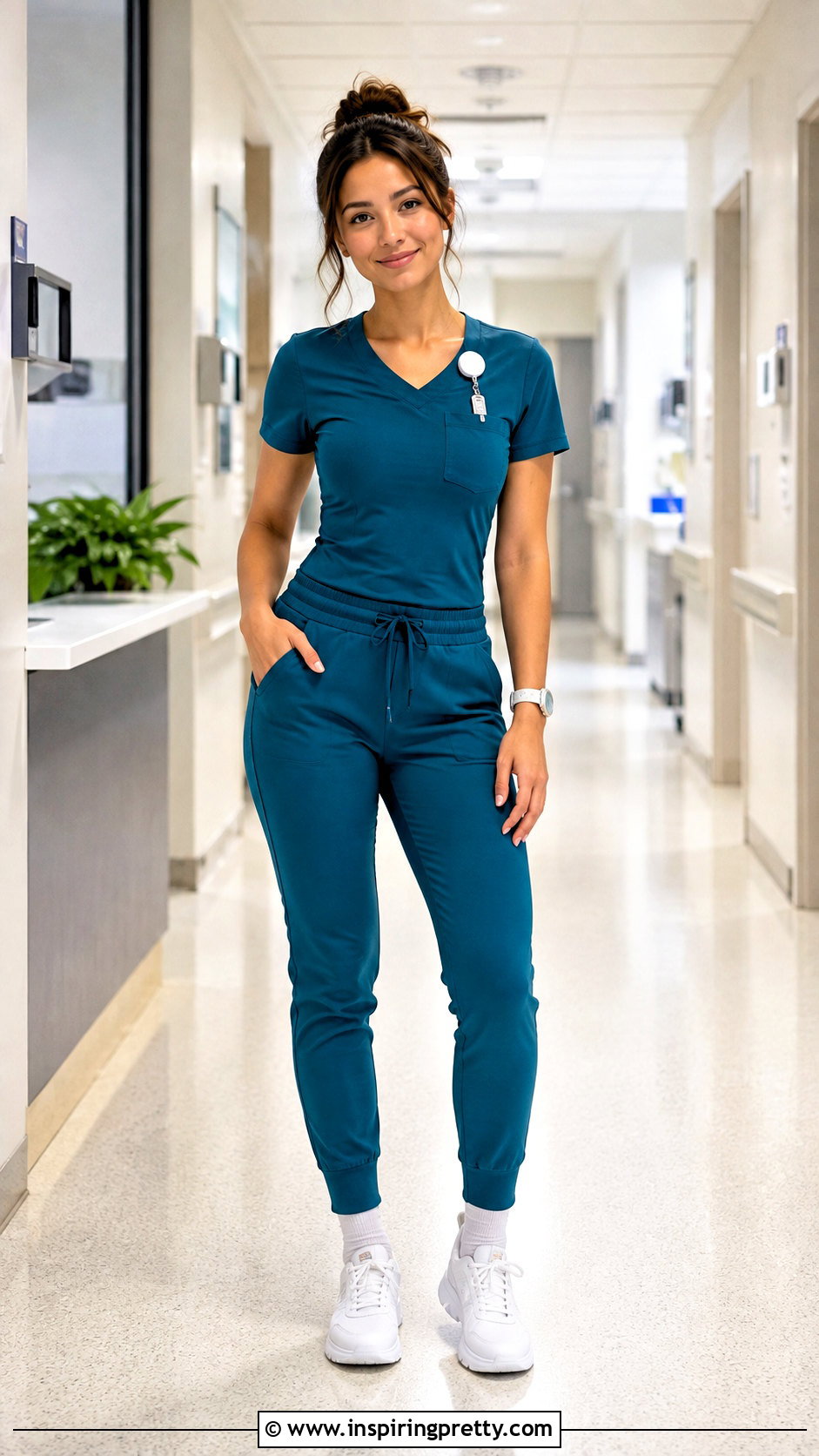 Petite Fitted Nurse Scrub Top With High Rise Joggers - 25 nurses uniform tops outfit ideas