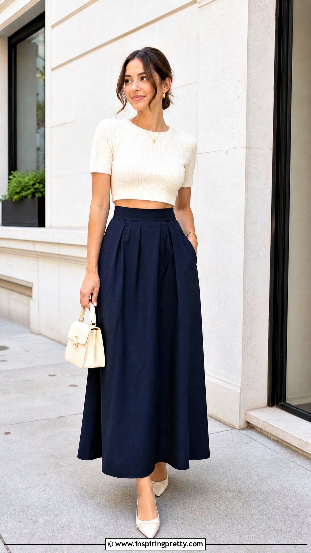 Petite Long Skirt With Cropped Knit Top - 50 long skirt and top outfit ideas
