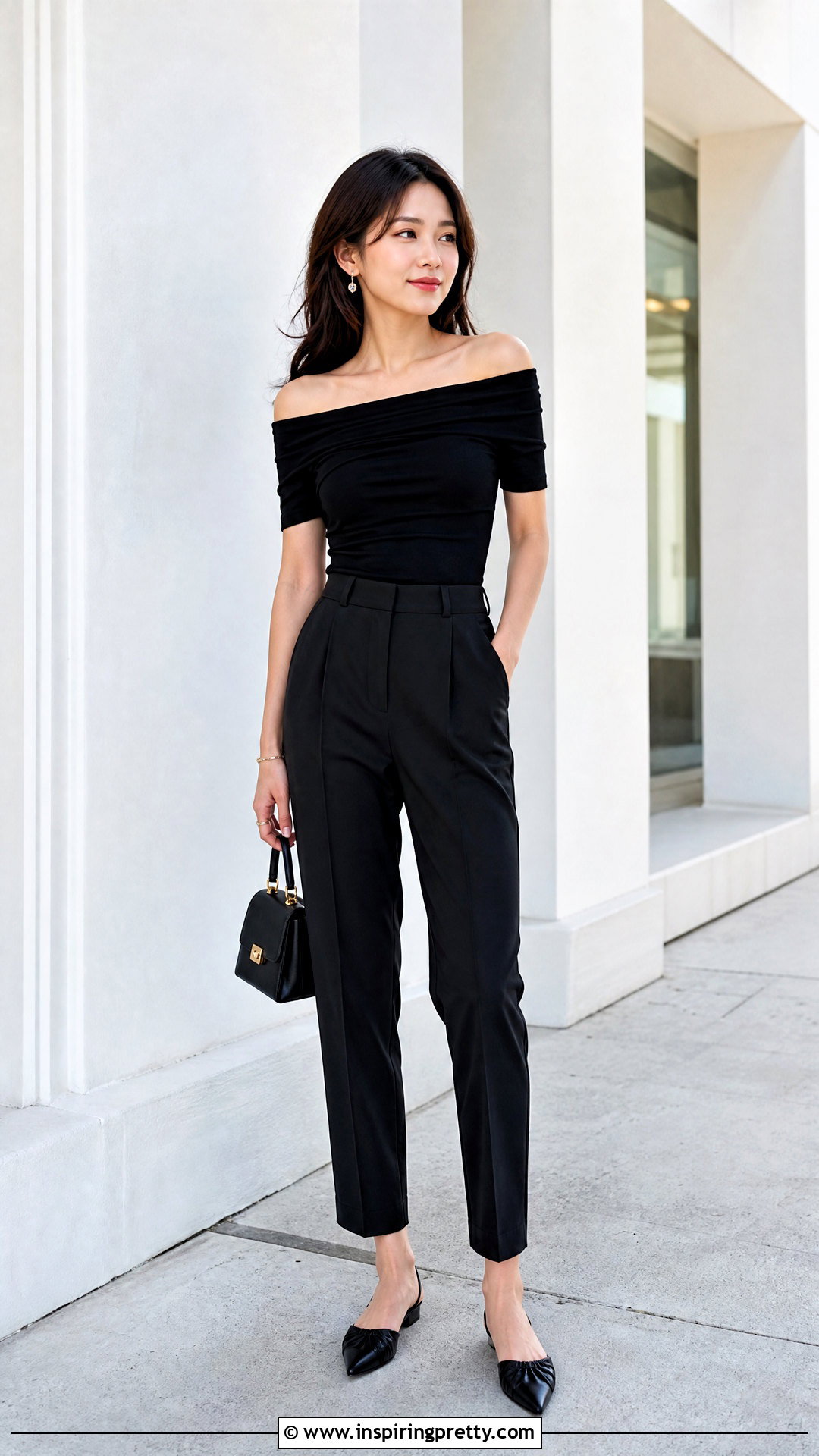 Petite Off Shoulder Top With High Waisted Pants - 50 Off Shoulder Tops outfit ideas