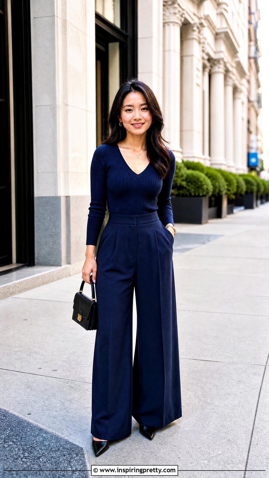 Petite Palazzo Trousers With Ribbed Top - 50 palazzo trouser and top outfit ideas