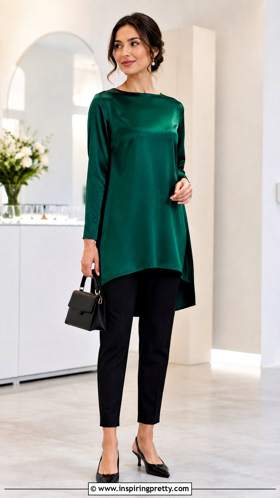 Petite Satin Tunic Top With Cigarette Pants - 20 petite tunic tops outfit ideas