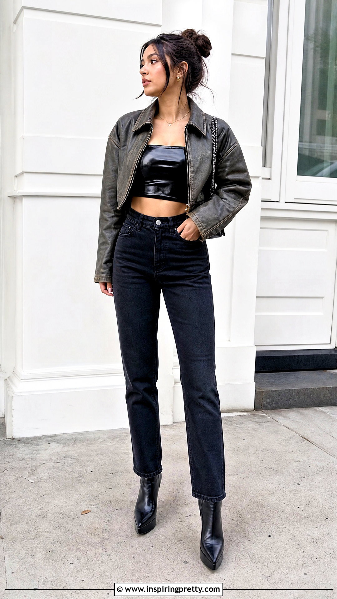 Petite Vinyl Crop Top With Straight Leg Jeans - 25 Vinyl Crop Top outfit ideas