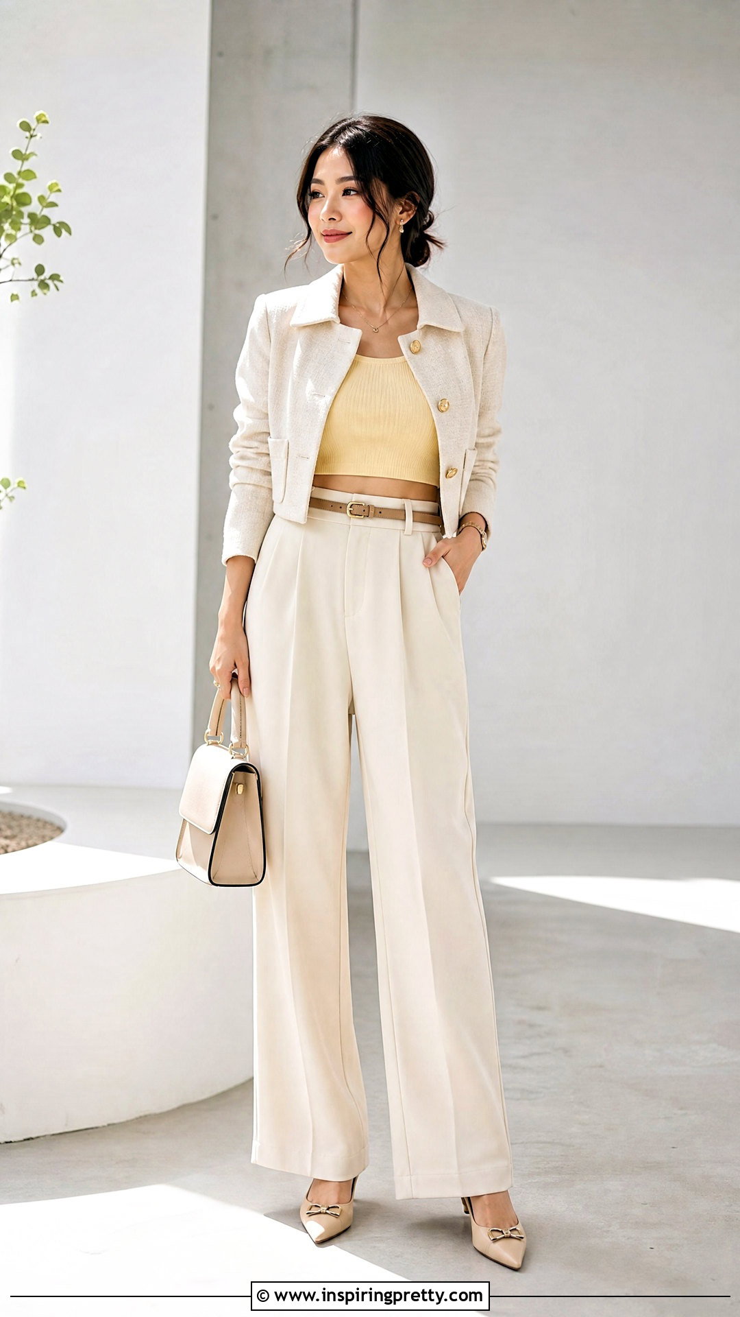 Petite Yellow Crop Top With High Waisted Pants - 50 yellow crop top outfit ideas