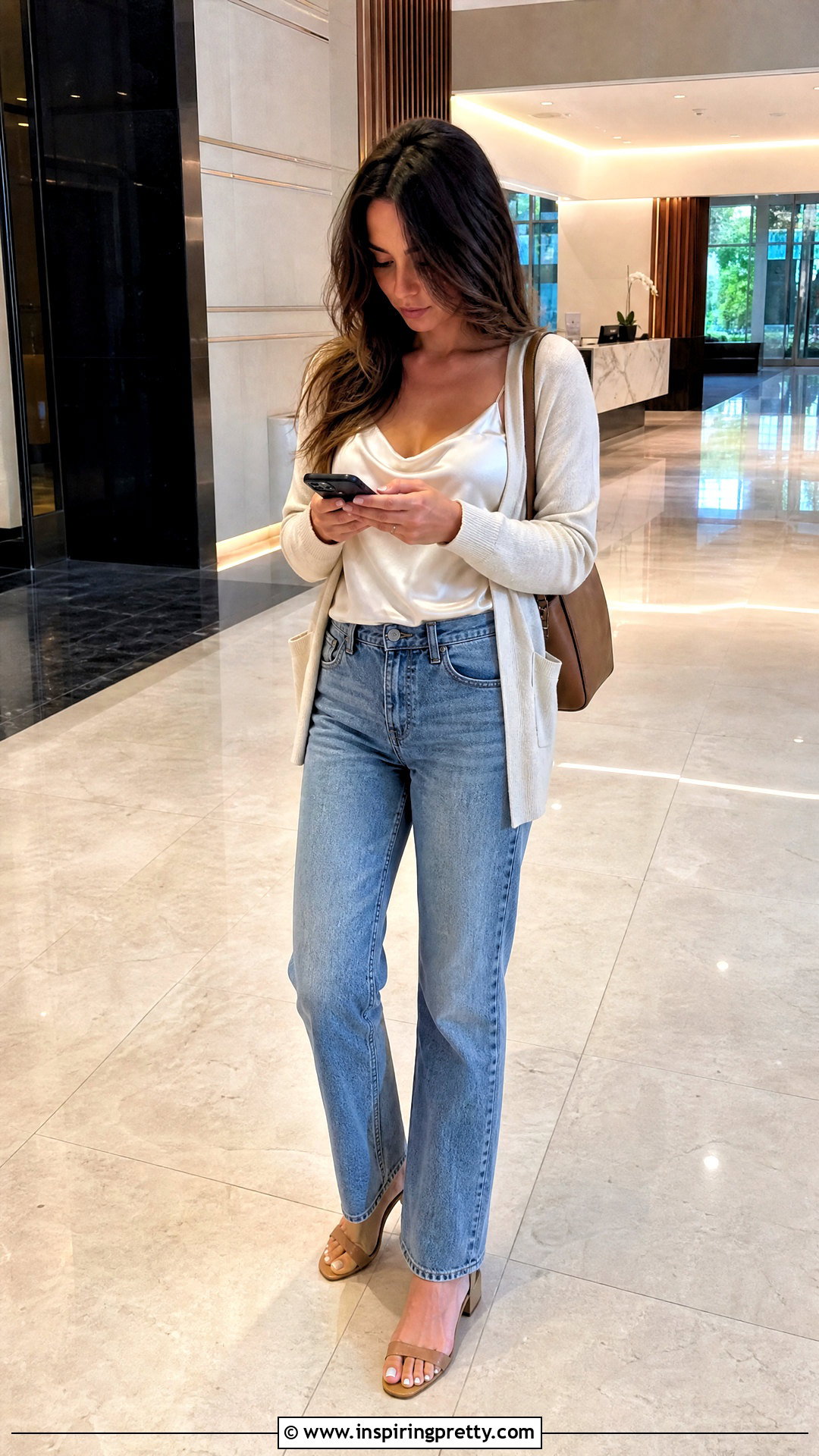 Phone Candid Pose With Camisole And Relaxed Jeans - 50 Photo Poses In Jeans Tops
