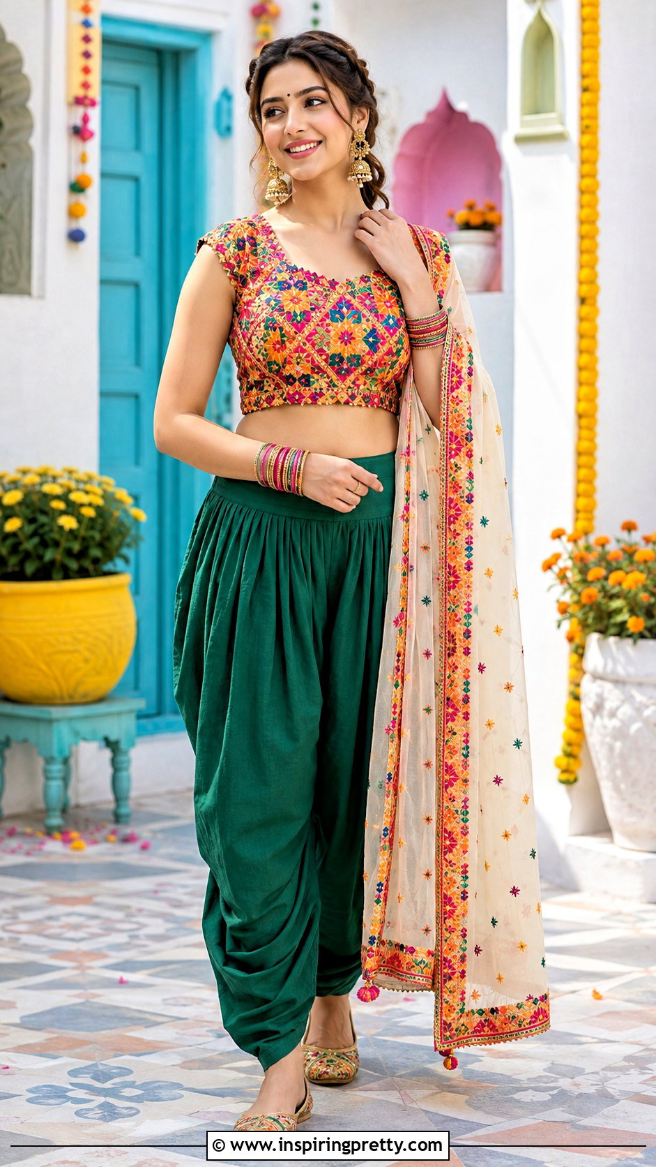 Phulkari Crop Top With Plain Patiala Pants - 50 traditional crop top designs
