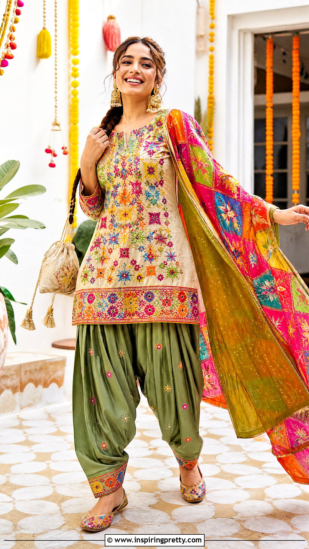 Phulkari Kurti With Punjabi Salwar - 50 traditional tops for women