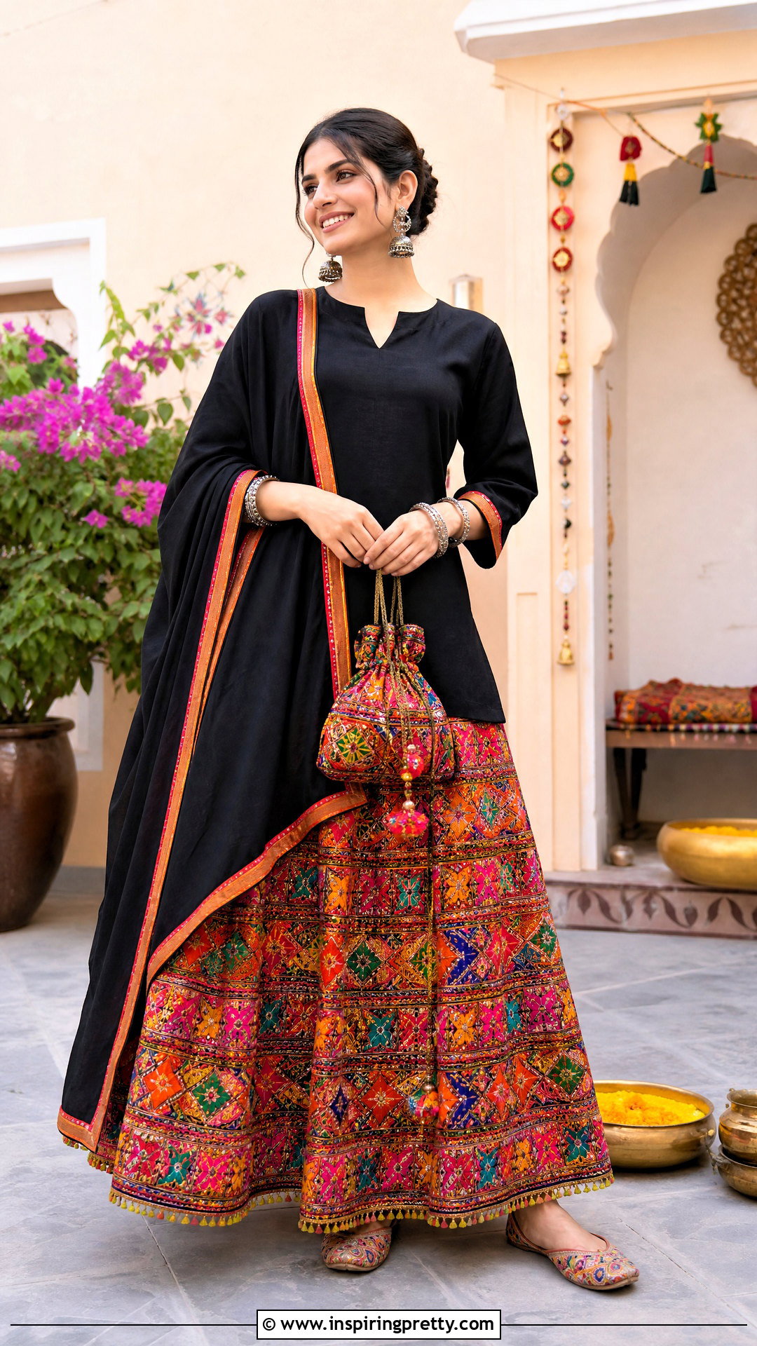 Phulkari Skirt And Plain Kurta Top Outfit - 50 traditional skirt and top outfit ideas