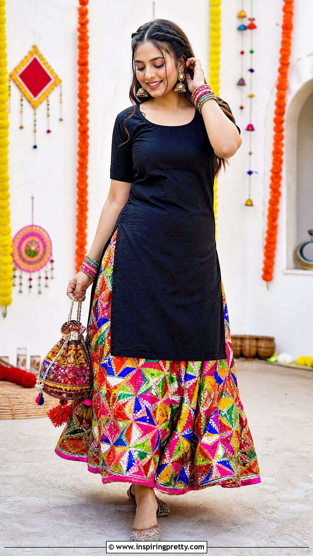 Phulkari Skirt And Plain Kurti Top - 50 skirt and top traditional outfit ideas