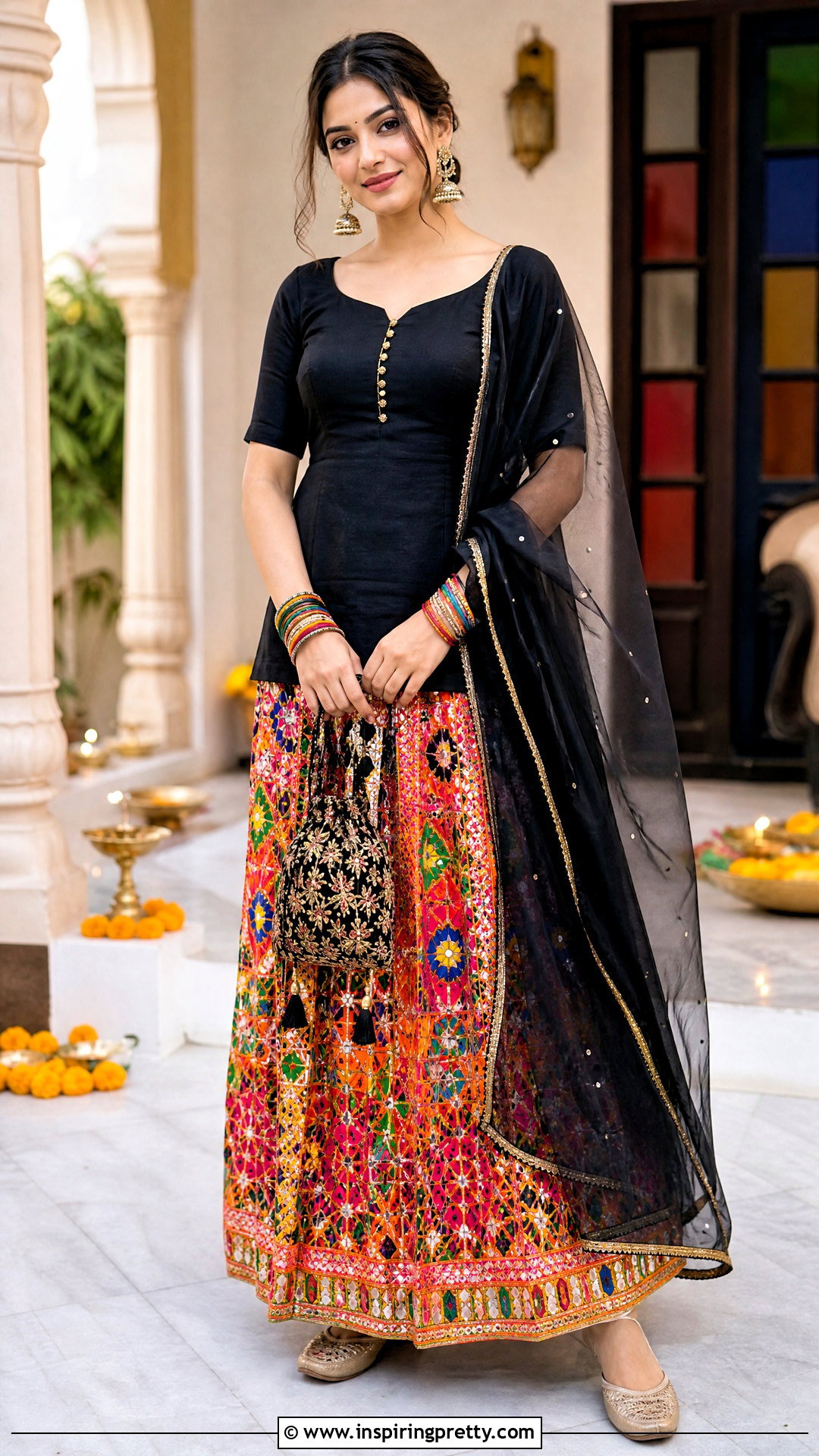 Phulkari Skirt With Plain Kurti Top - 50 traditional skirt and top outfits