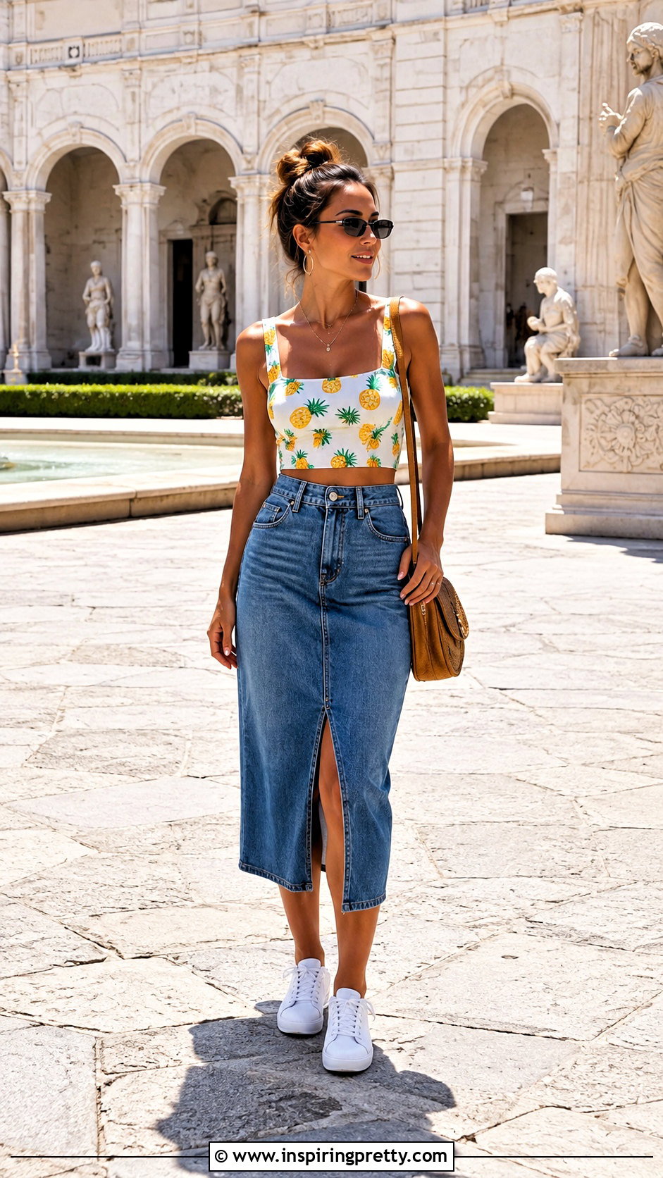 Pineapple Crop Top With Denim Midi Skirt - 25 pineapple crop top outfit ideas