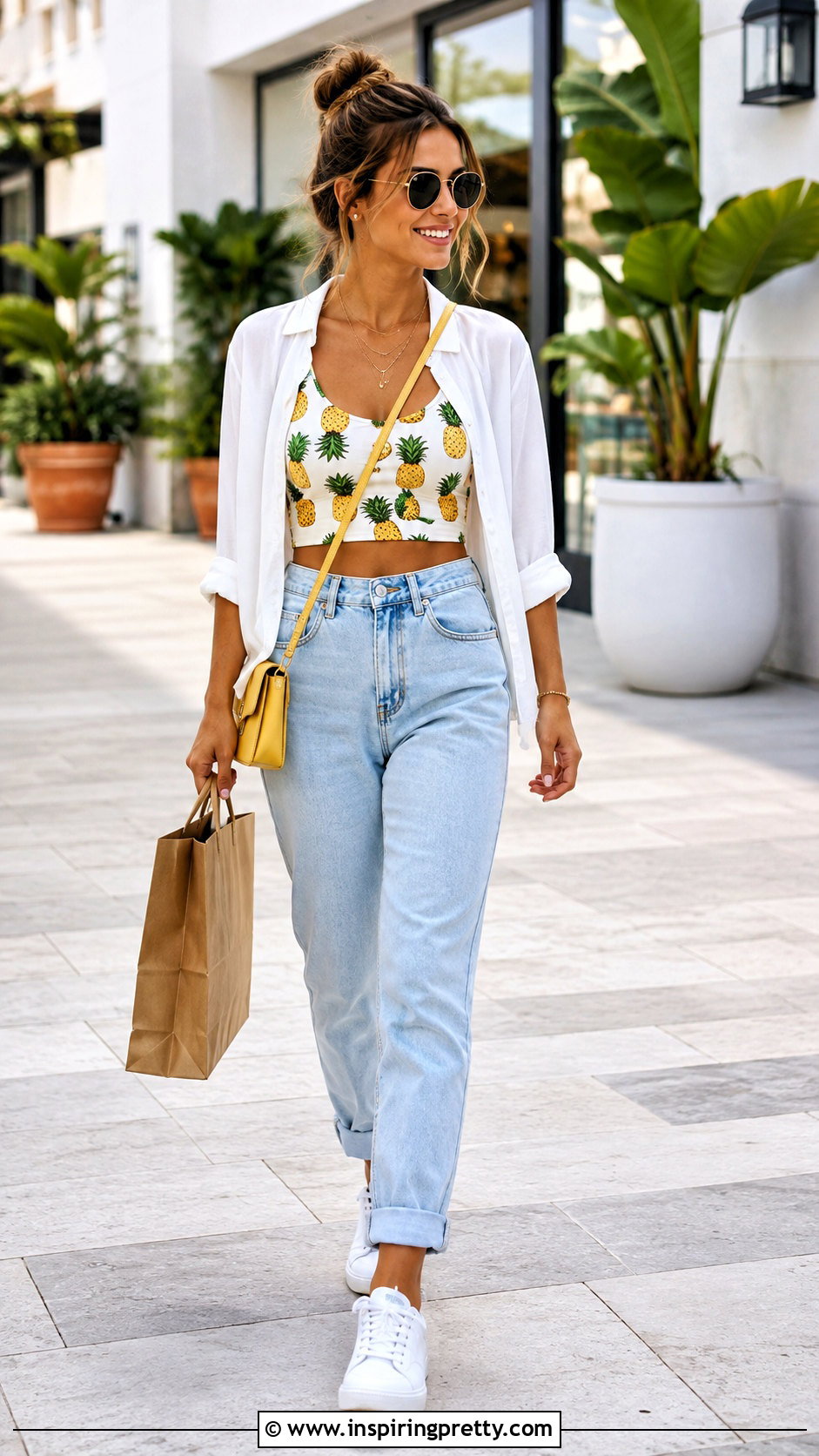 Pineapple Crop Top With High Waisted Mom Jeans - 25 pineapple crop top outfit ideas
