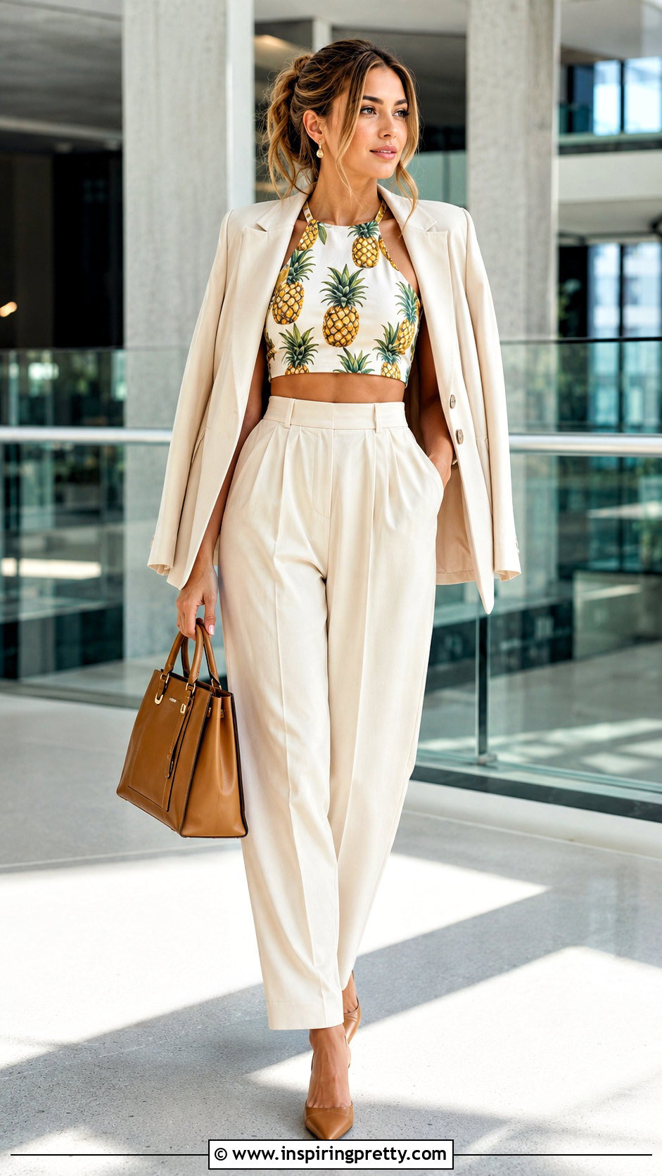 Pineapple Crop Top With Pleated Trousers - 25 pineapple crop top outfit ideas