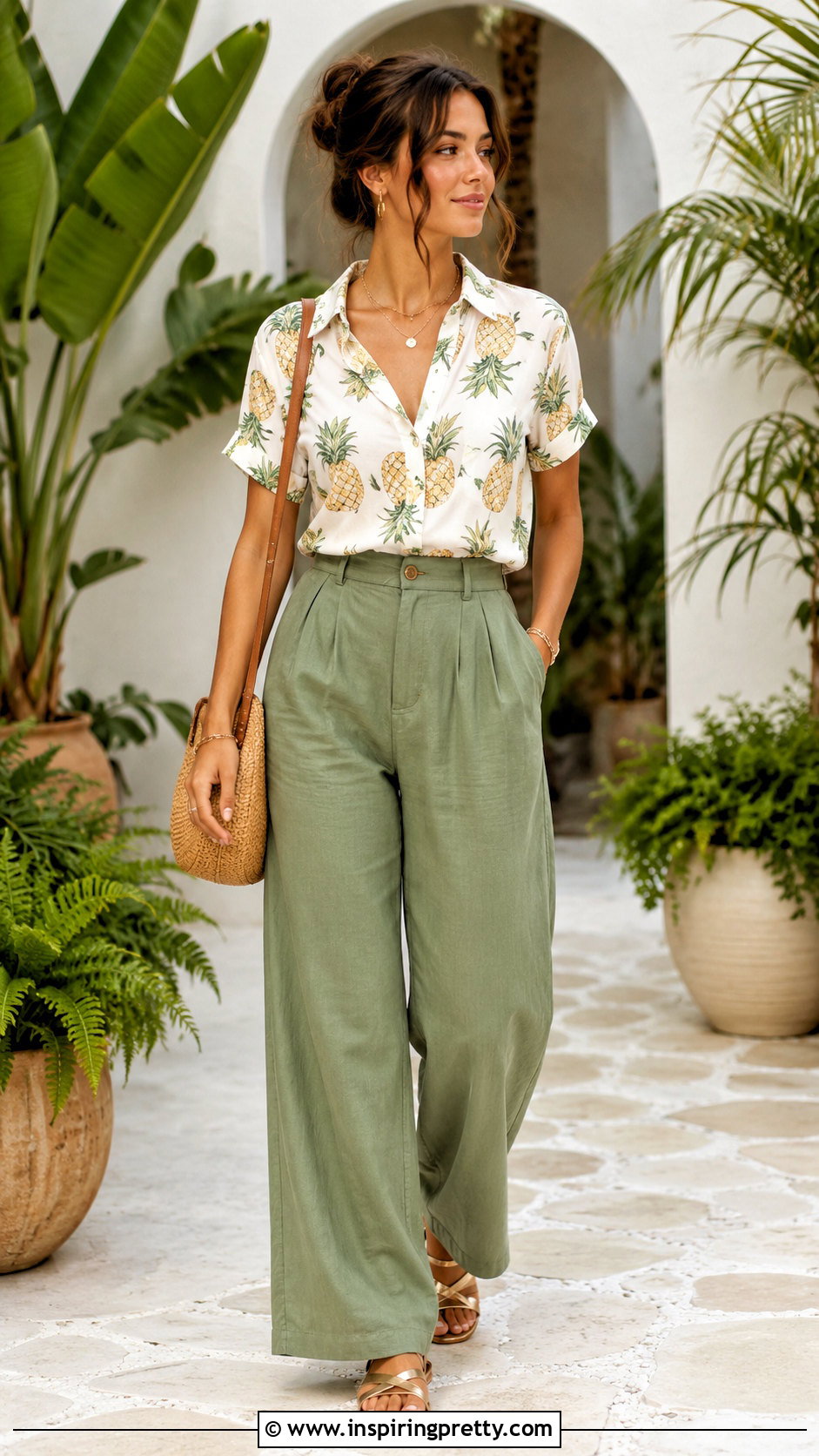 Pineapple Print Top With Green Pants - 20 pineapple print top outfit ideas