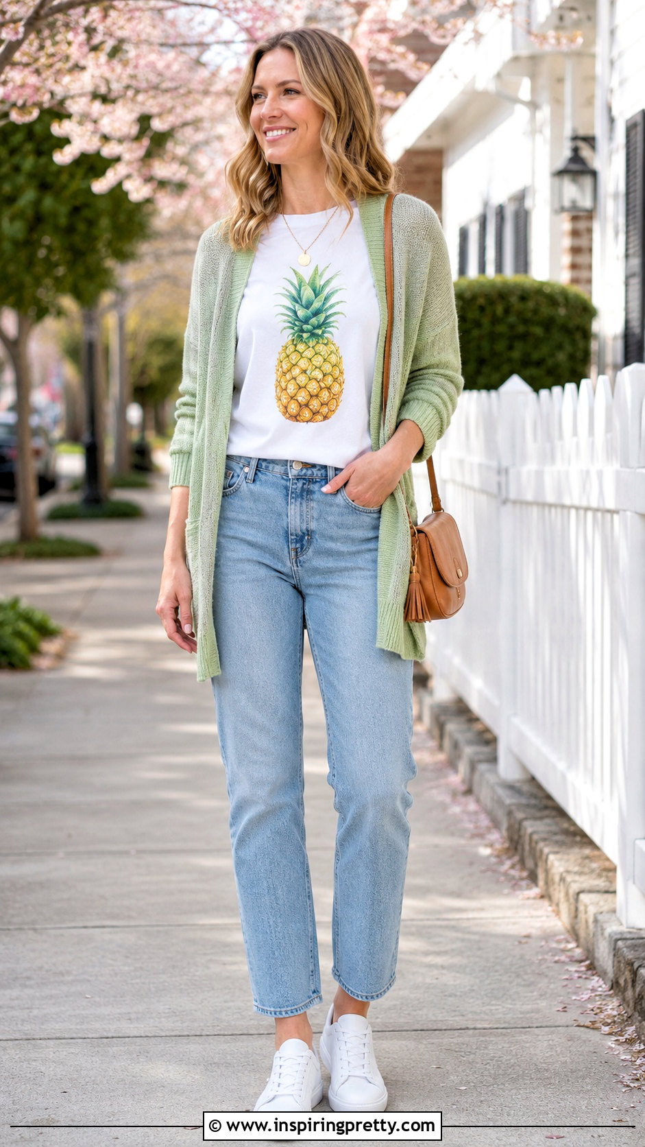 Pineapple Print Top With Jeans And Cardigan - 20 pineapple print top outfit ideas