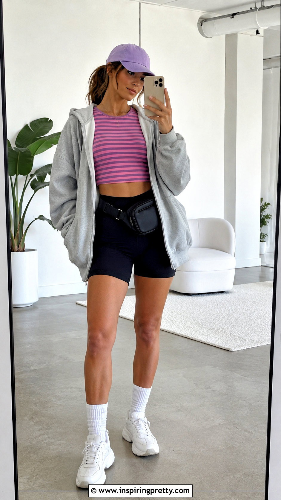 Pink And Purple Striped Crop Top With Black Biker Shorts - 20 pink and purple striped crop top outfit ideas