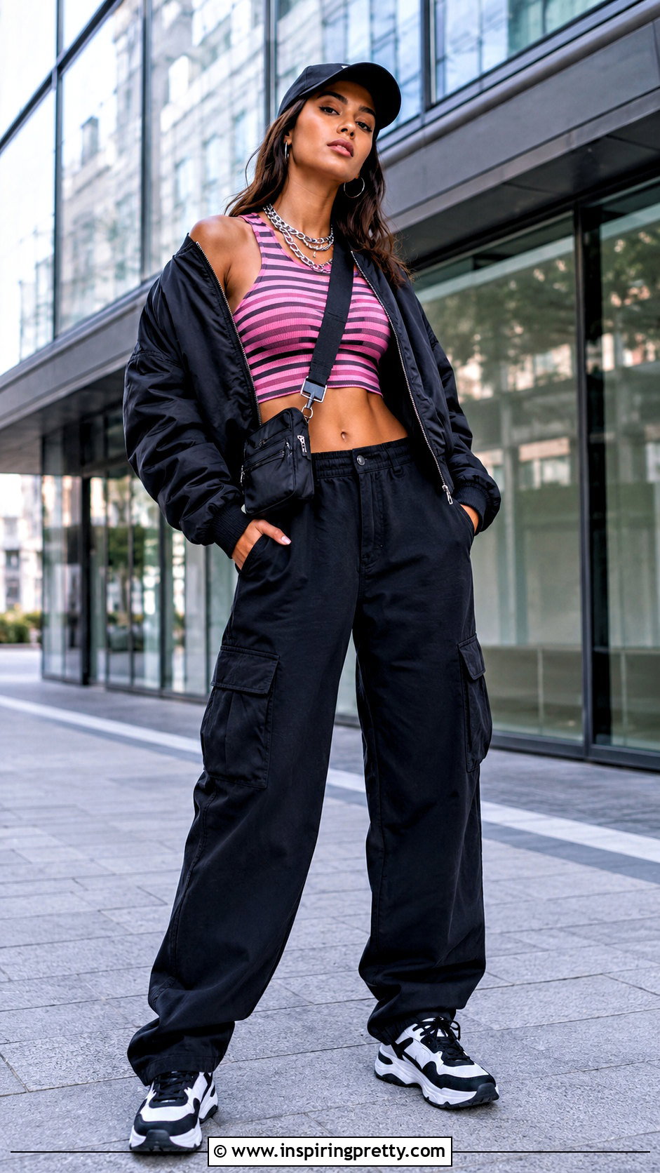 Pink And Purple Striped Crop Top With Black Cargo Pants - 20 pink and purple striped crop top outfit ideas