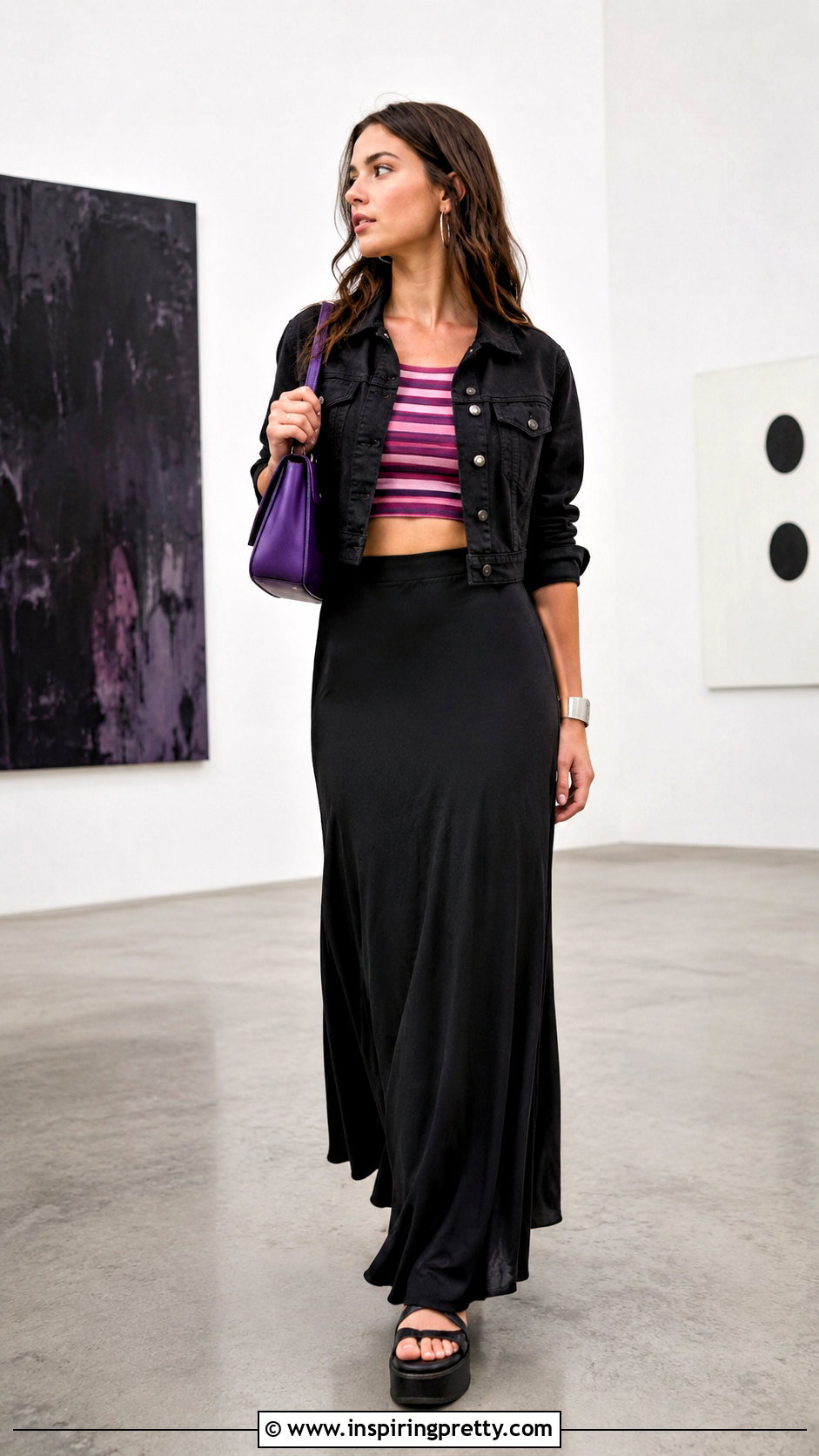 Pink And Purple Striped Crop Top With Black Maxi Skirt - 20 pink and purple striped crop top outfit ideas