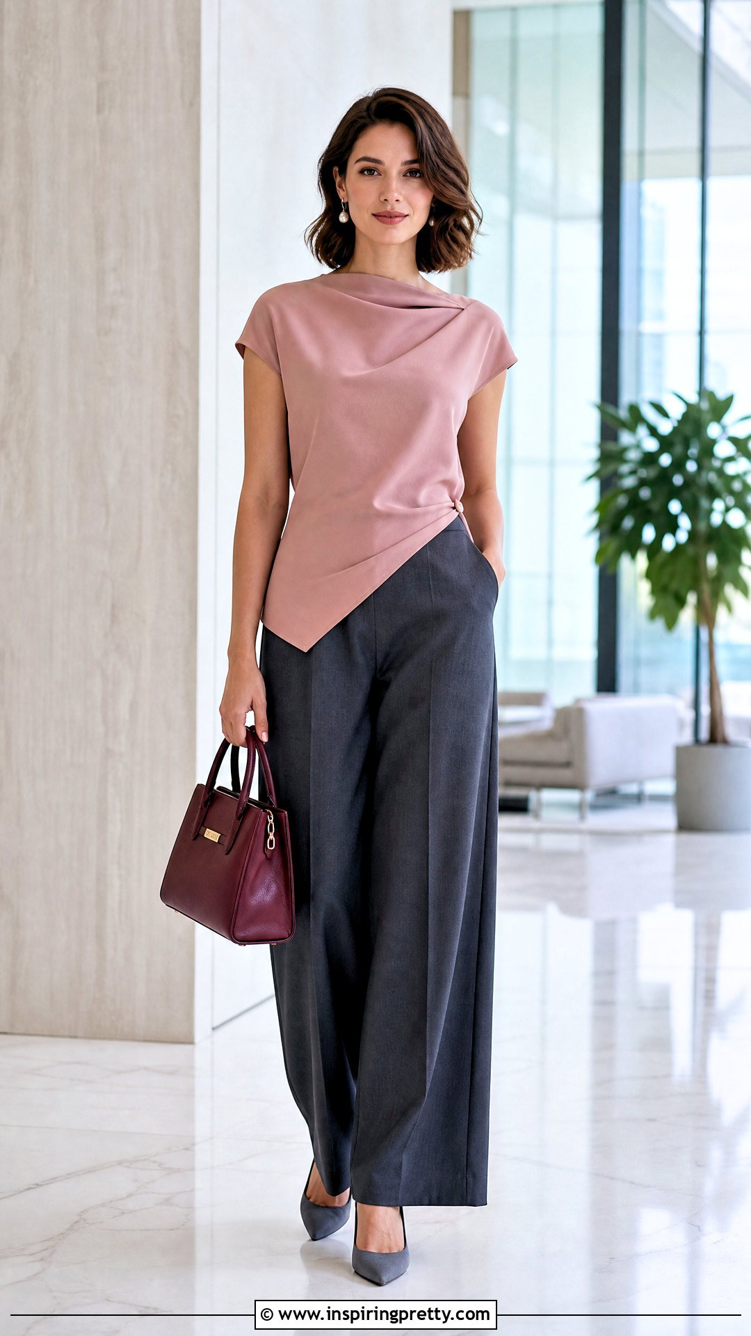 Pink Asymmetrical Top With Gray Trousers - 50 tops asimetricos outfit ideas
