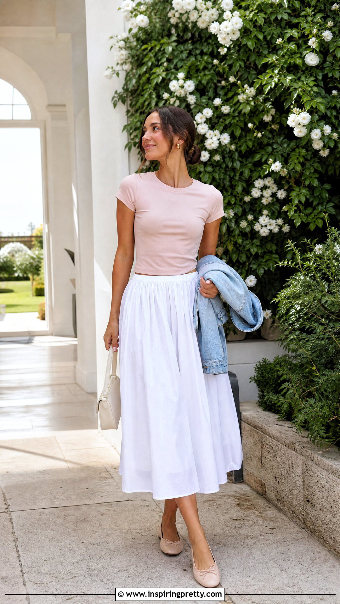 Pink Baby Tee With White Midi Skirt - 50 baby top outfit ideas