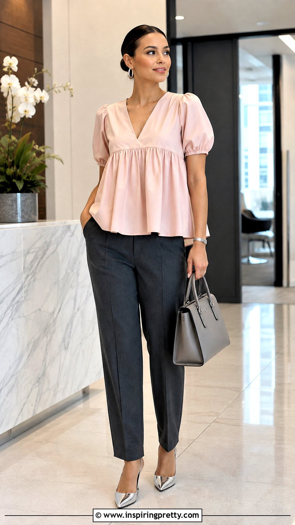 Pink Babydoll Top With Gray Trousers - 50 pink babydoll top outfit ideas