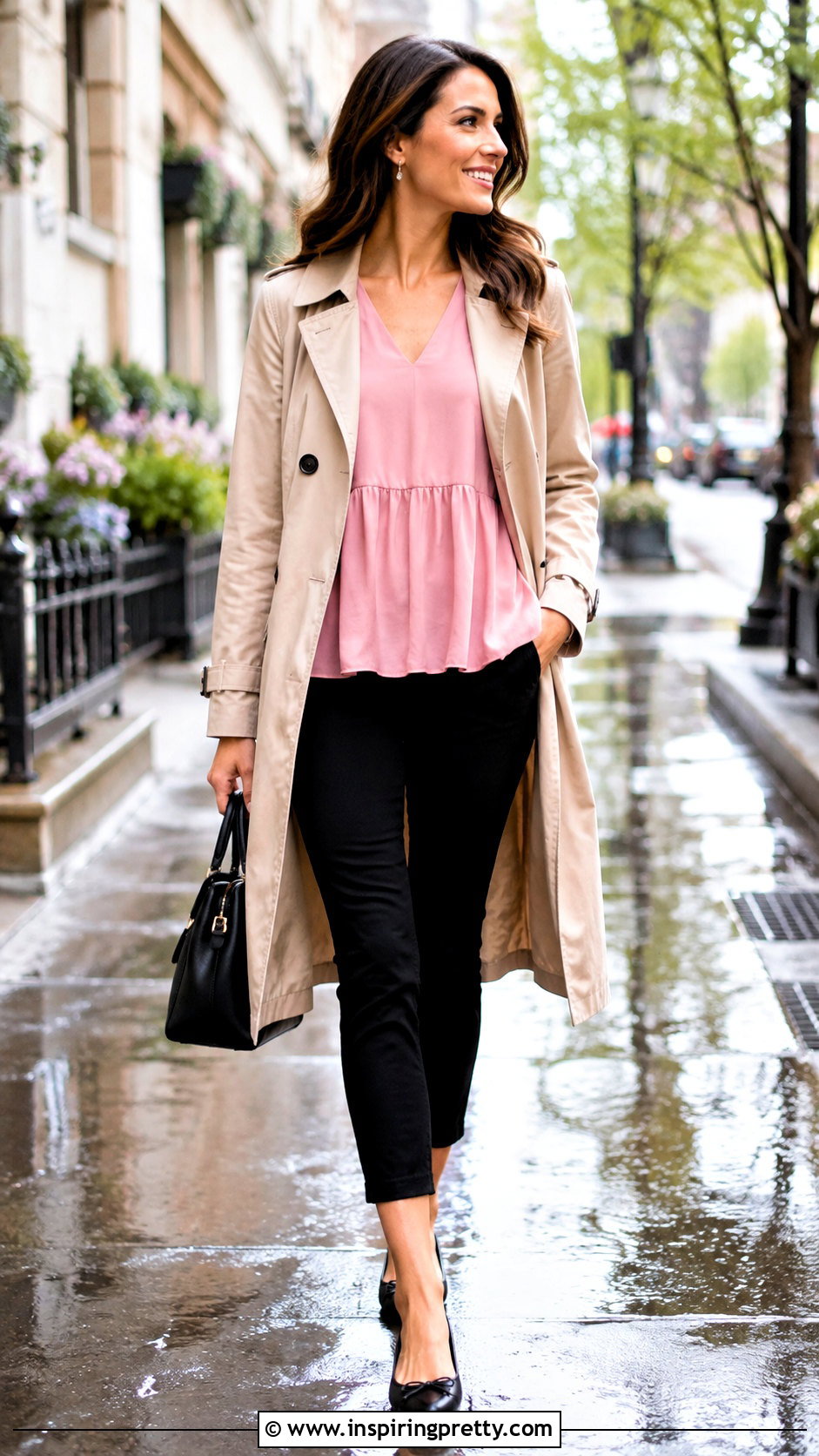 Pink Babydoll Top With Trench Coat And Capris - 50 pink babydoll top outfit ideas