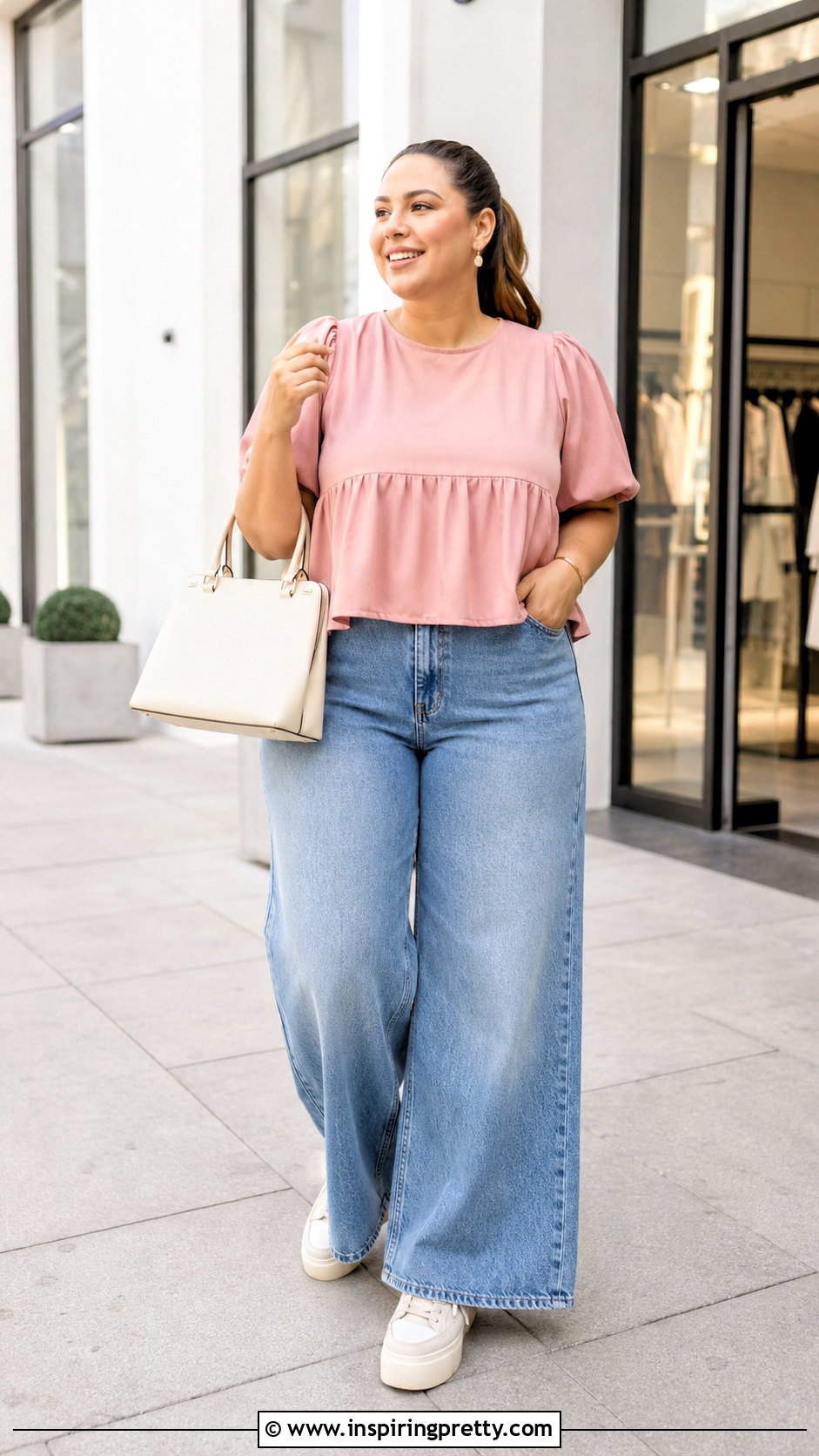 Pink Babydoll Top With Wide Leg Jeans - 50 pink babydoll top outfit ideas