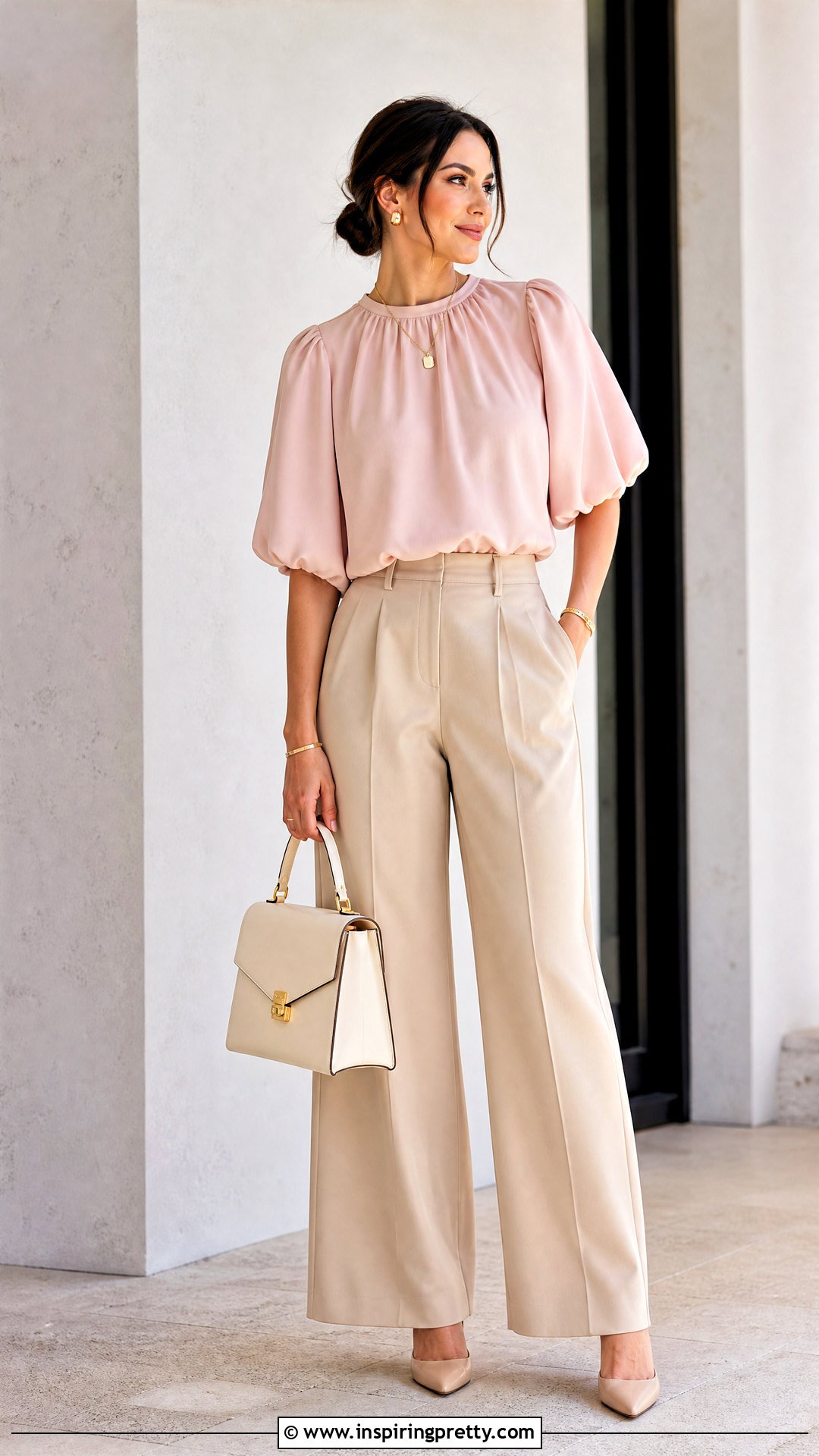 Pink Balloon Top With Beige Trousers - 50 balloon top outfit ideas