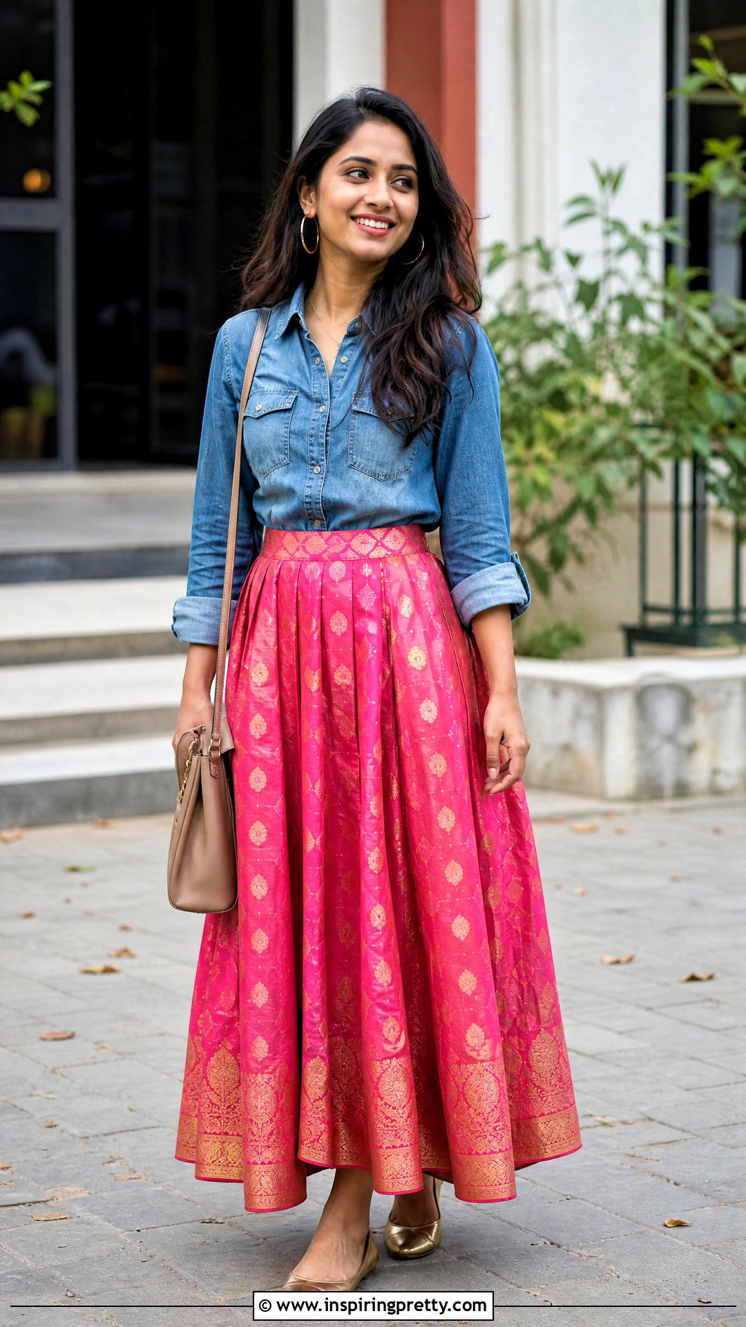 Pink Banarasi Skirt With Denim Shirt - 50 banarasi skirt and top outfit ideas