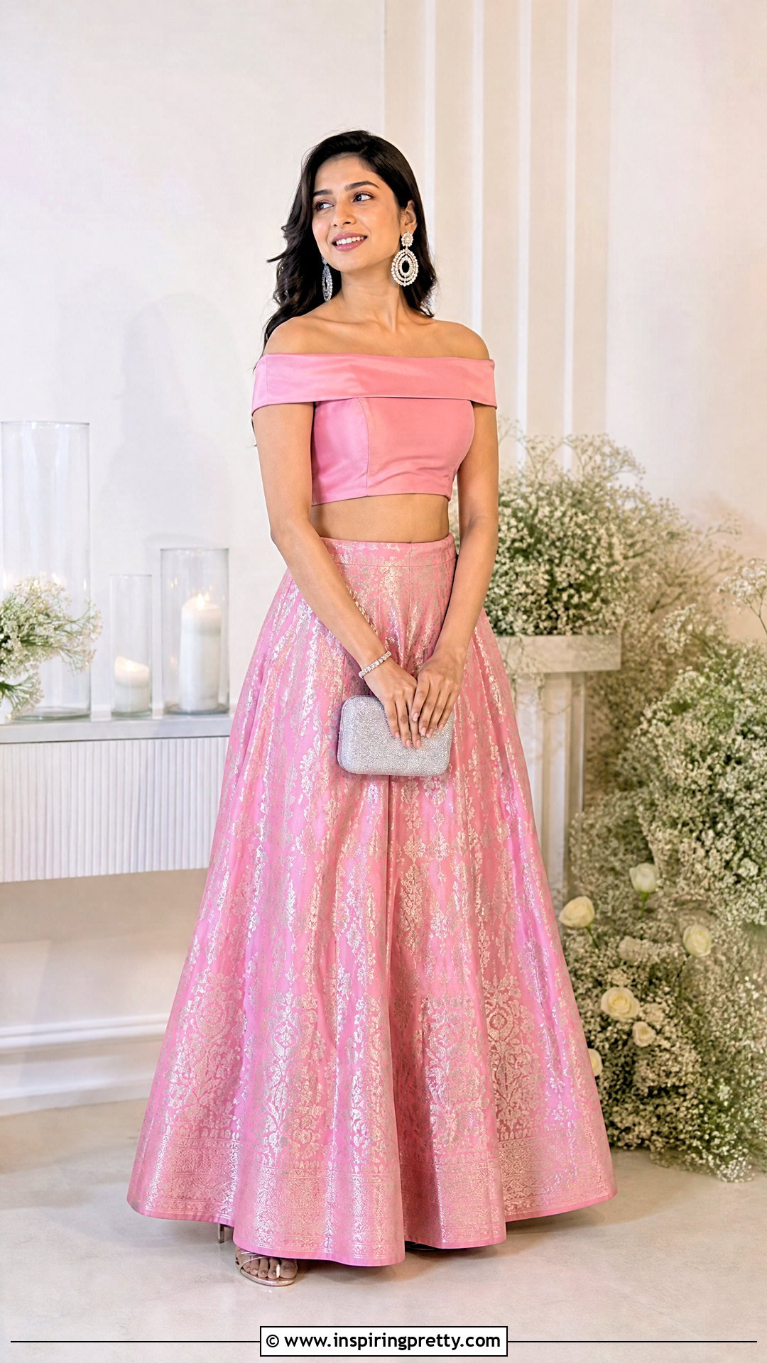 Pink Banarasi Skirt With Off Shoulder Top - 50 banarasi skirt and top outfit ideas